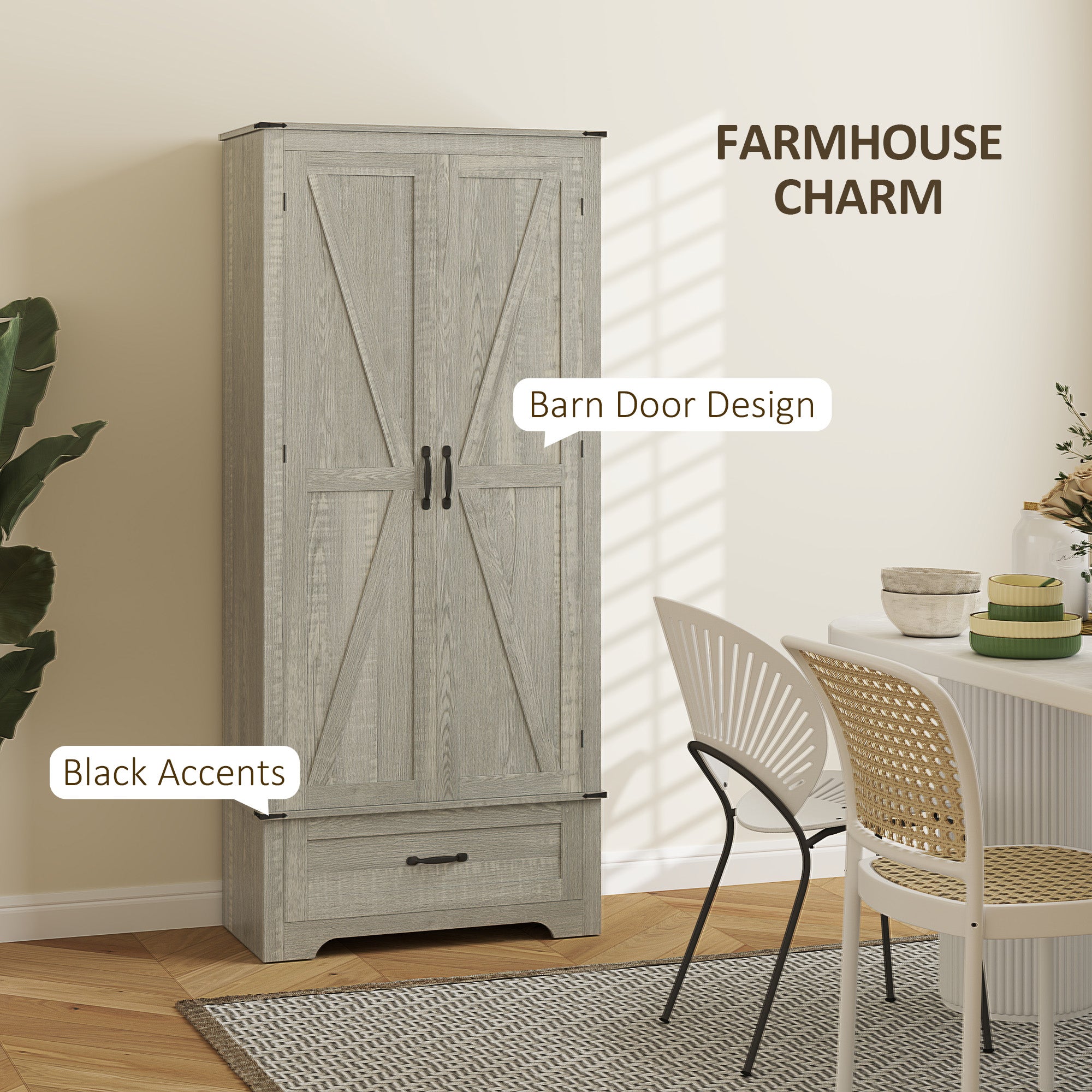 HOMCOM 72" Farmhouse Pantry Cabinet with Barn Doors, Tall Kitchen Pantry Storage Cabinet with Adjustable Shelves, Freestanding Storage Cabinet with Drawer, Distressed Light Grey