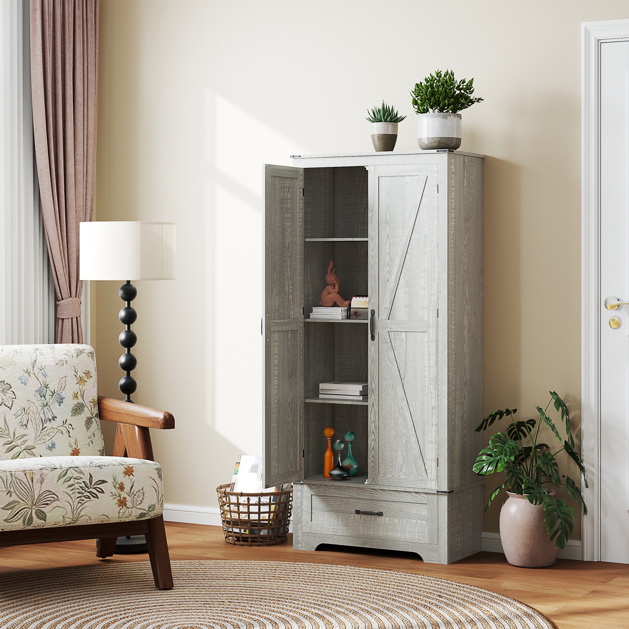 HOMCOM 72" Farmhouse Pantry Cabinet with Barn Doors, Tall Kitchen Pantry Storage Cabinet with Adjustable Shelves, Freestanding Storage Cabinet with Drawer, Distressed Light Grey