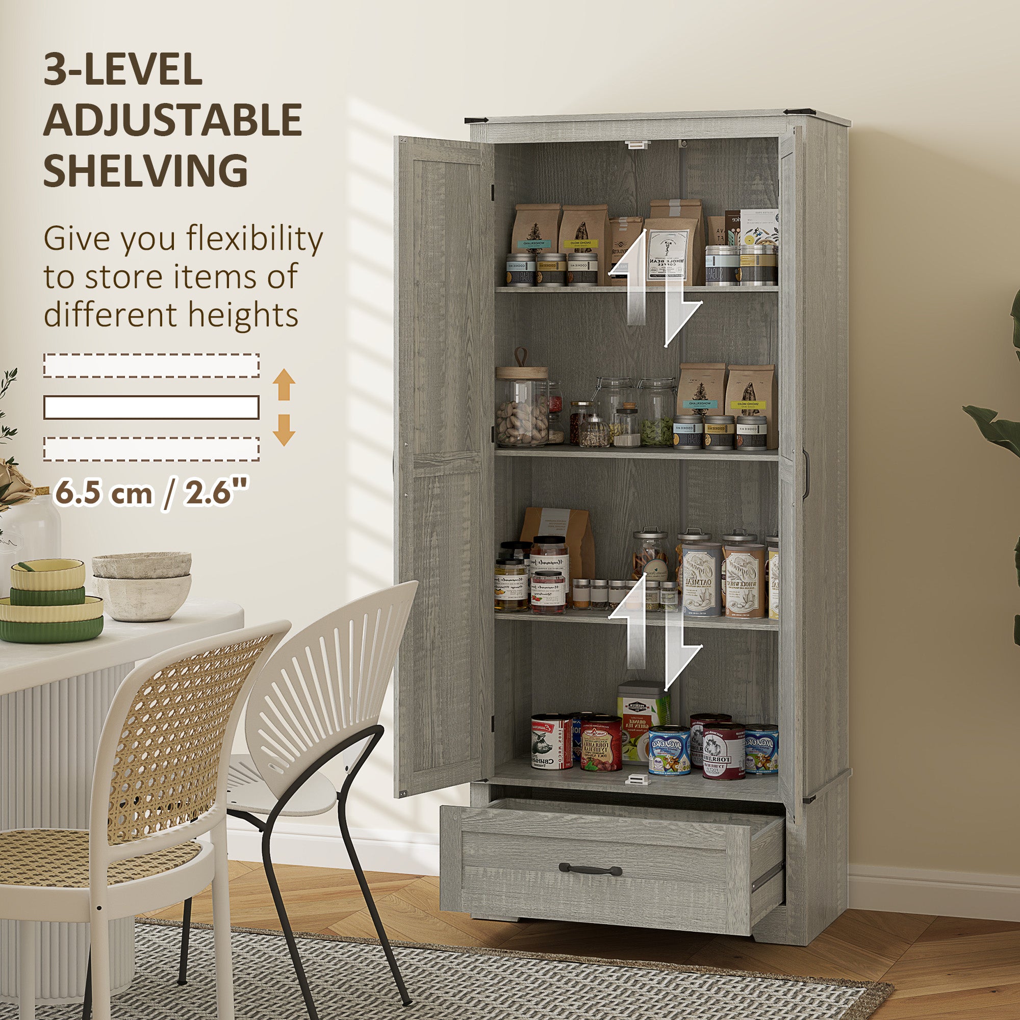 HOMCOM 72" Farmhouse Pantry Cabinet with Barn Doors, Tall Kitchen Pantry Storage Cabinet with Adjustable Shelves, Freestanding Storage Cabinet with Drawer, Distressed Light Grey