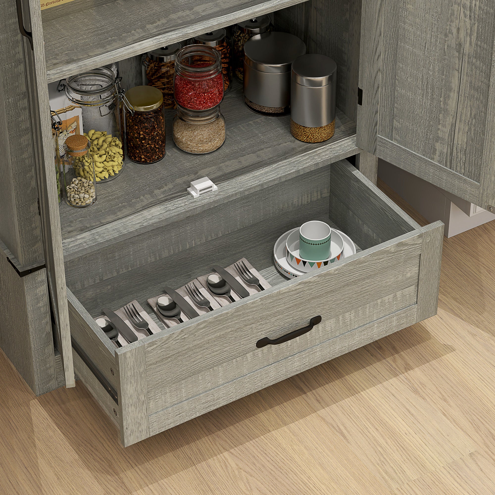 HOMCOM 72" Farmhouse Pantry Cabinet with Barn Doors, Tall Kitchen Pantry Storage Cabinet with Adjustable Shelves, Freestanding Storage Cabinet with Drawer, Distressed Light Grey