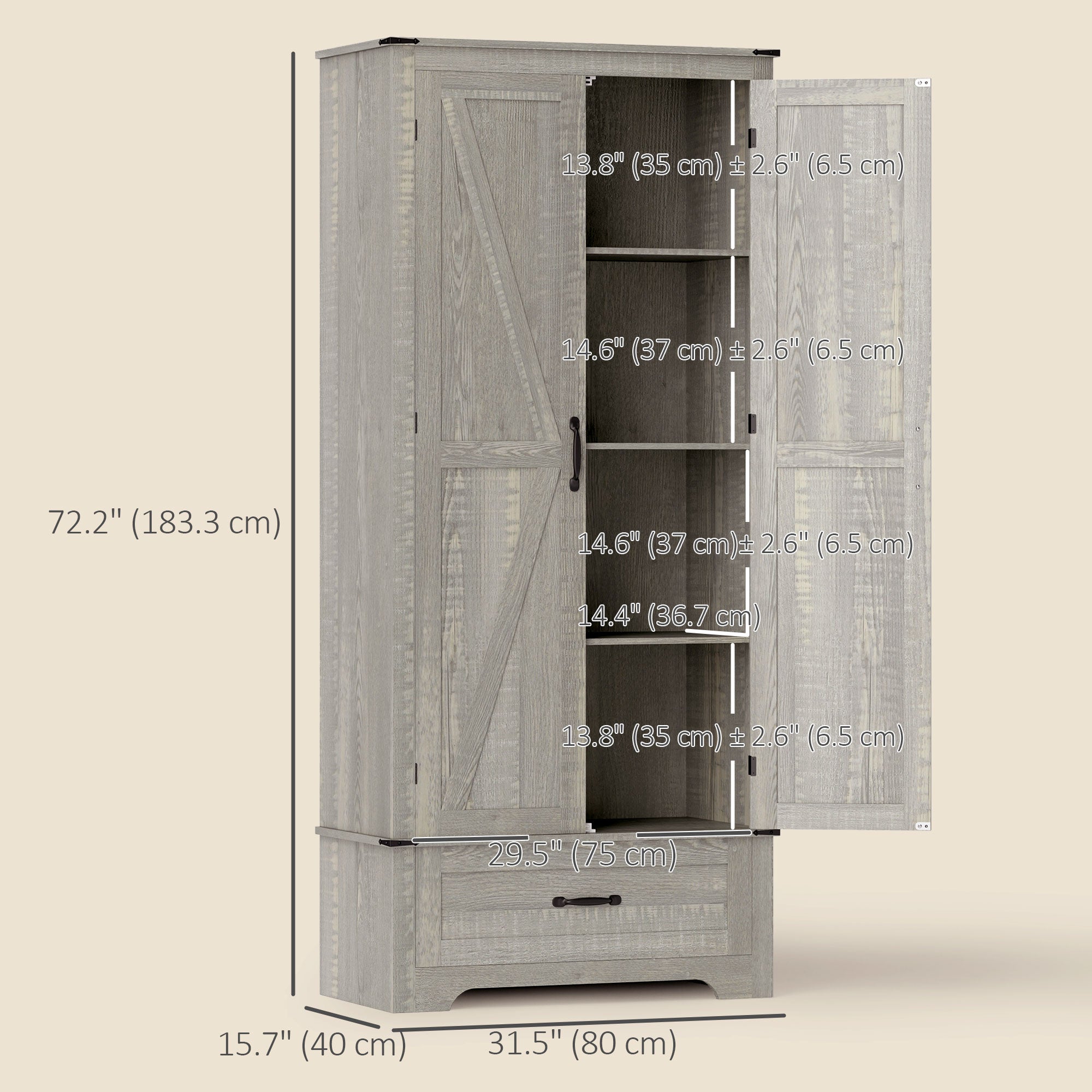 HOMCOM 72" Farmhouse Pantry Cabinet with Barn Doors, Tall Kitchen Pantry Storage Cabinet with Adjustable Shelves, Freestanding Storage Cabinet with Drawer, Distressed Light Grey