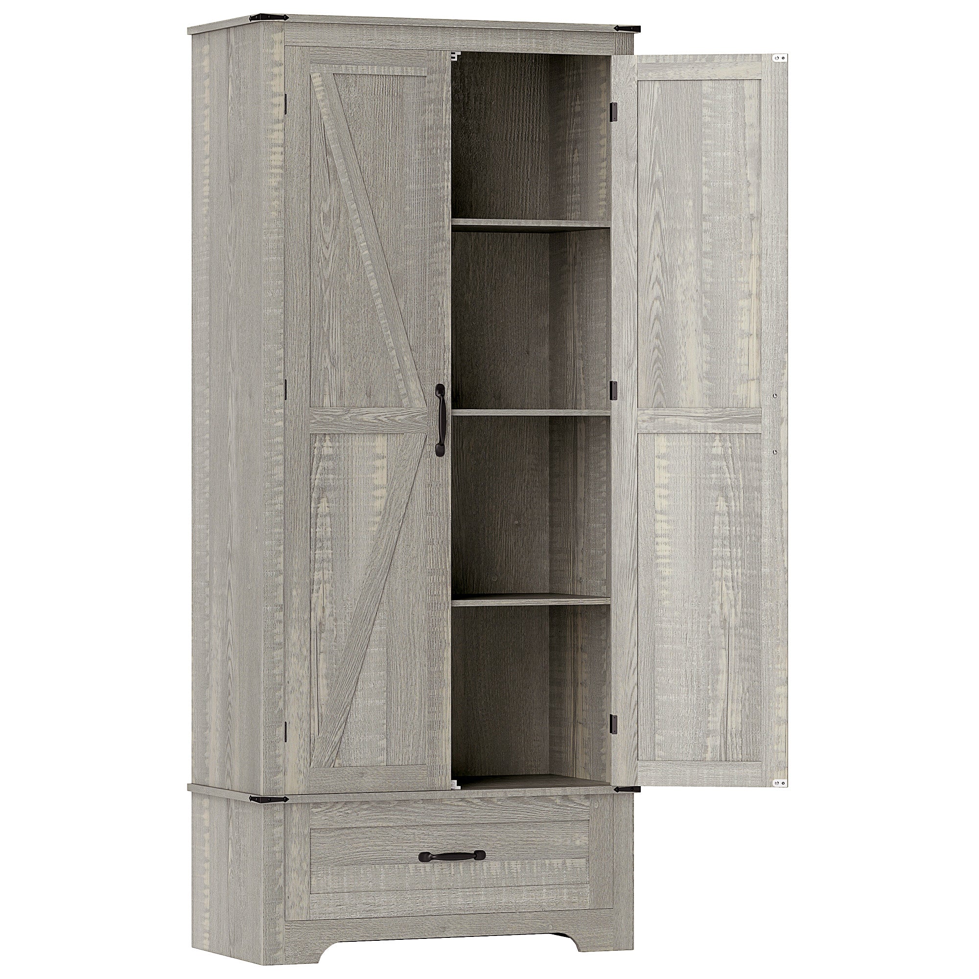 HOMCOM 72" Farmhouse Pantry Cabinet with Barn Doors, Tall Kitchen Pantry Storage Cabinet with Adjustable Shelves, Freestanding Storage Cabinet with Drawer, Distressed Light Grey