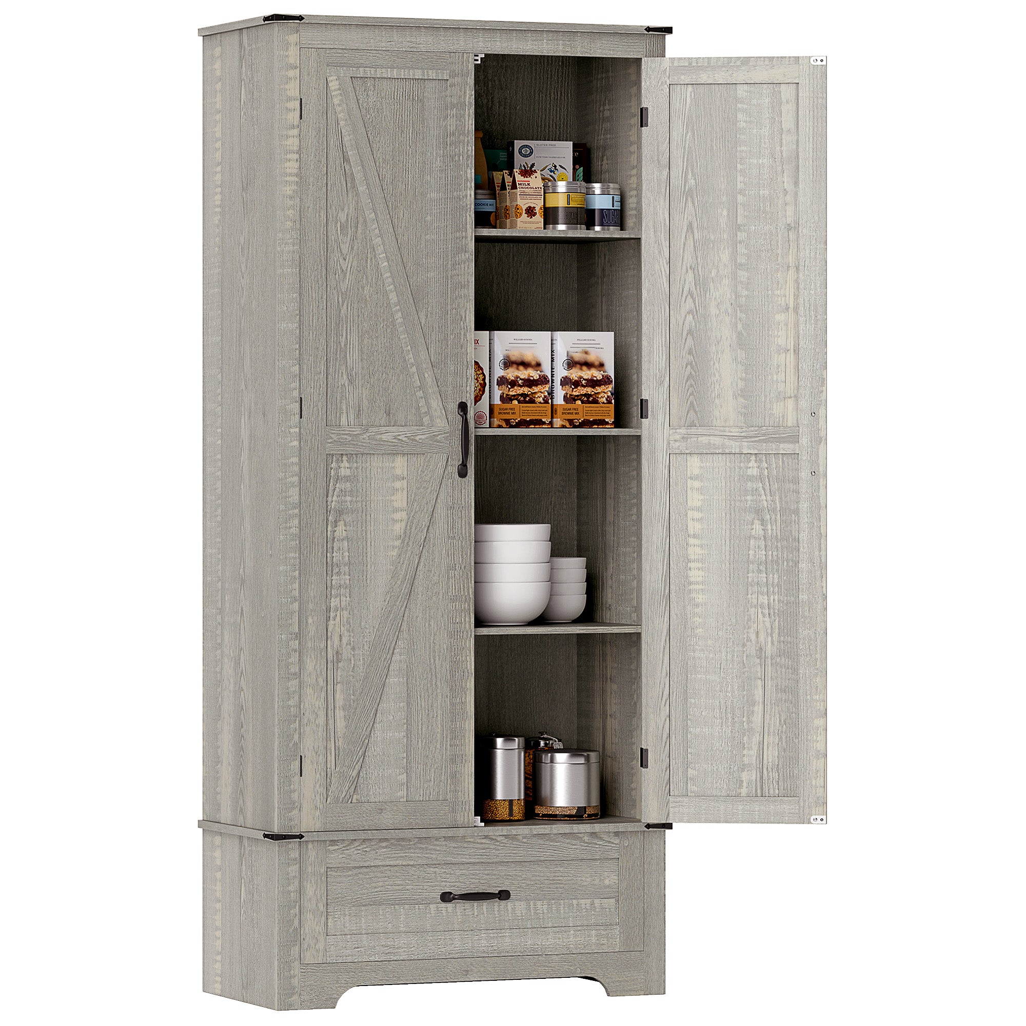 HOMCOM 72" Farmhouse Pantry Cabinet with Barn Doors, Tall Kitchen Pantry Storage Cabinet with Adjustable Shelves, Freestanding Storage Cabinet with Drawer, Distressed Light Grey