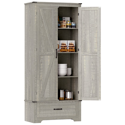 HOMCOM 72" Farmhouse Pantry Cabinet with Barn Doors, Tall Kitchen Pantry Storage Cabinet with Adjustable Shelves, Freestanding Storage Cabinet with Drawer, Distressed Light Grey