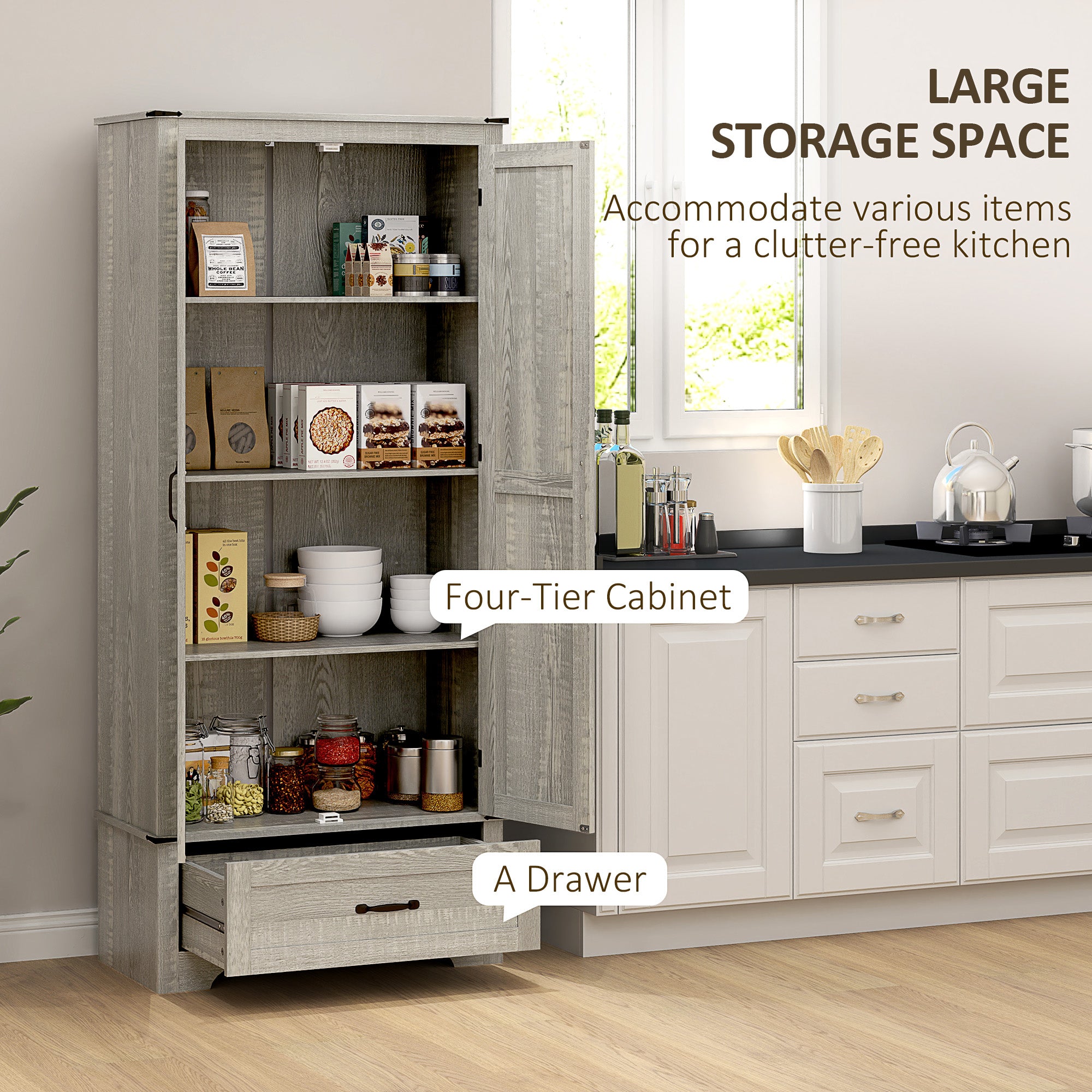 HOMCOM 72" Farmhouse Pantry Cabinet with Barn Doors, Tall Kitchen Pantry Storage Cabinet with Adjustable Shelves, Freestanding Storage Cabinet with Drawer, Distressed Light Grey