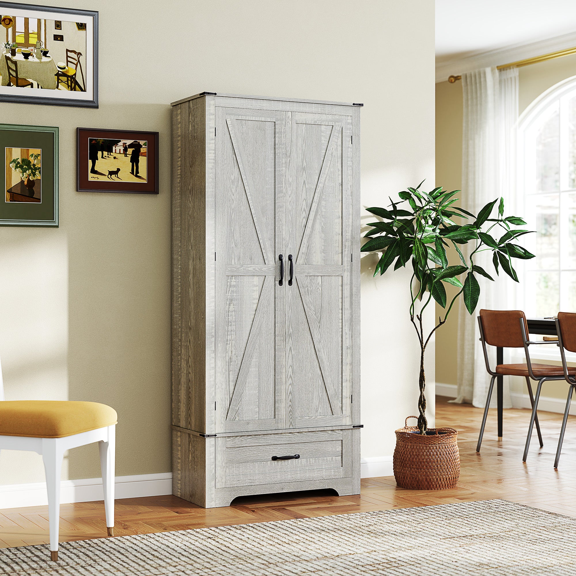 HOMCOM 72" Farmhouse Pantry Cabinet with Barn Doors, Tall Kitchen Pantry Storage Cabinet with Adjustable Shelves, Freestanding Storage Cabinet with Drawer, Distressed Light Grey