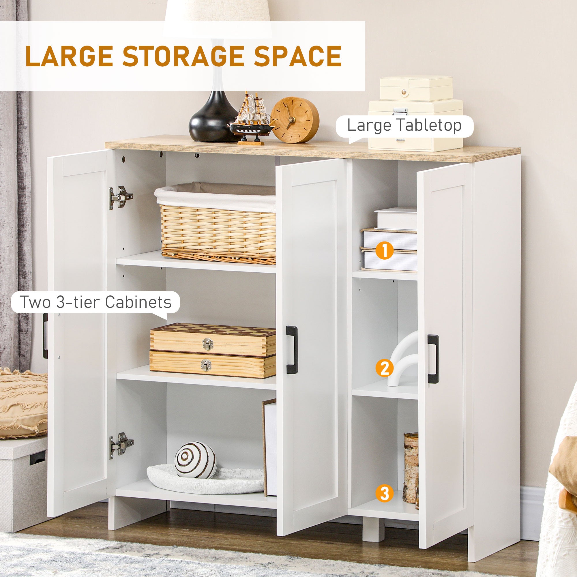 HOMCOM Modern Buffet Cabinet with Storage, 35" Narrow Sideboard, Kitchen Storage Cabinet with 3 Shaker Doors and Adjustable Shelves, White