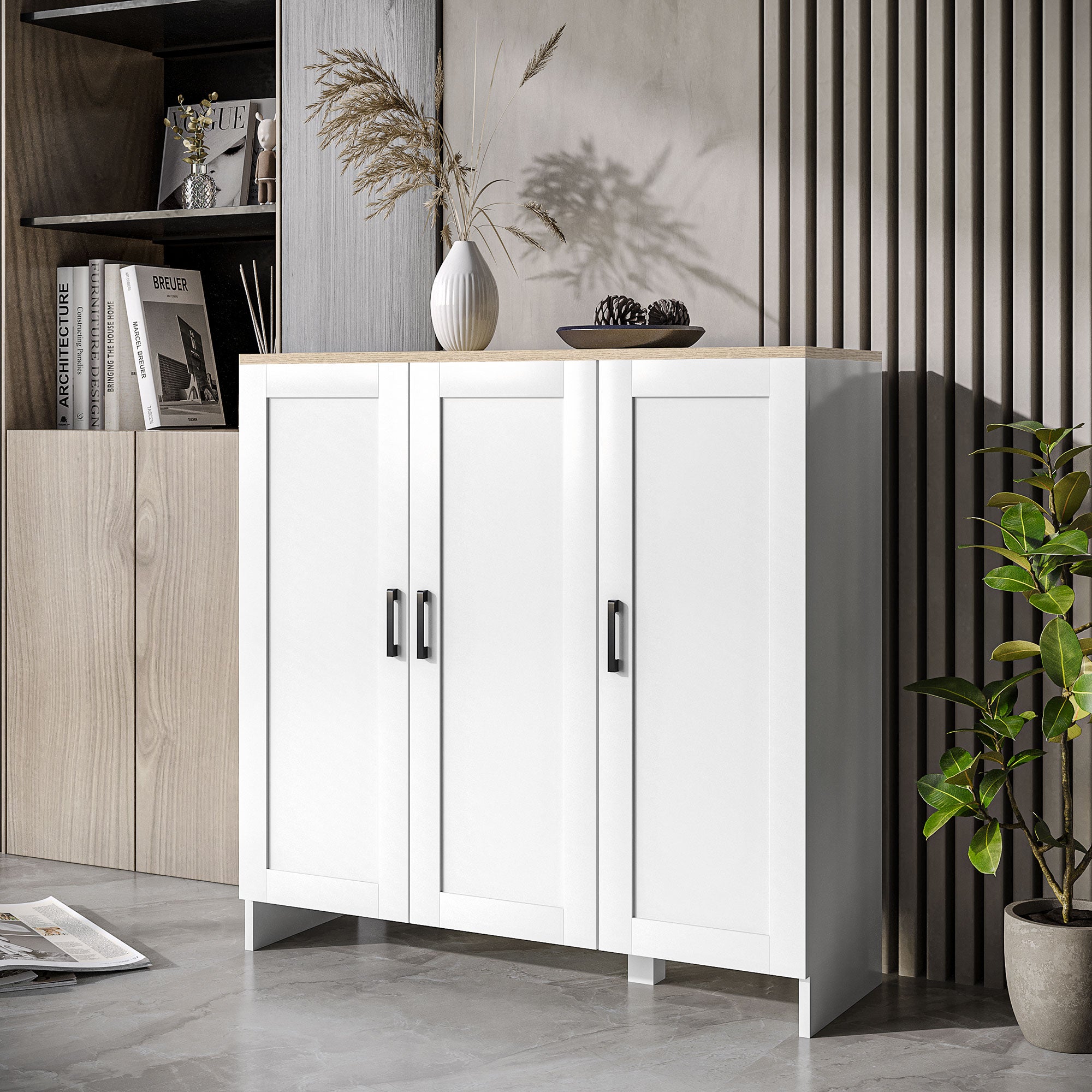HOMCOM Modern Buffet Cabinet with Storage, 35" Narrow Sideboard, Kitchen Storage Cabinet with 3 Shaker Doors and Adjustable Shelves, White