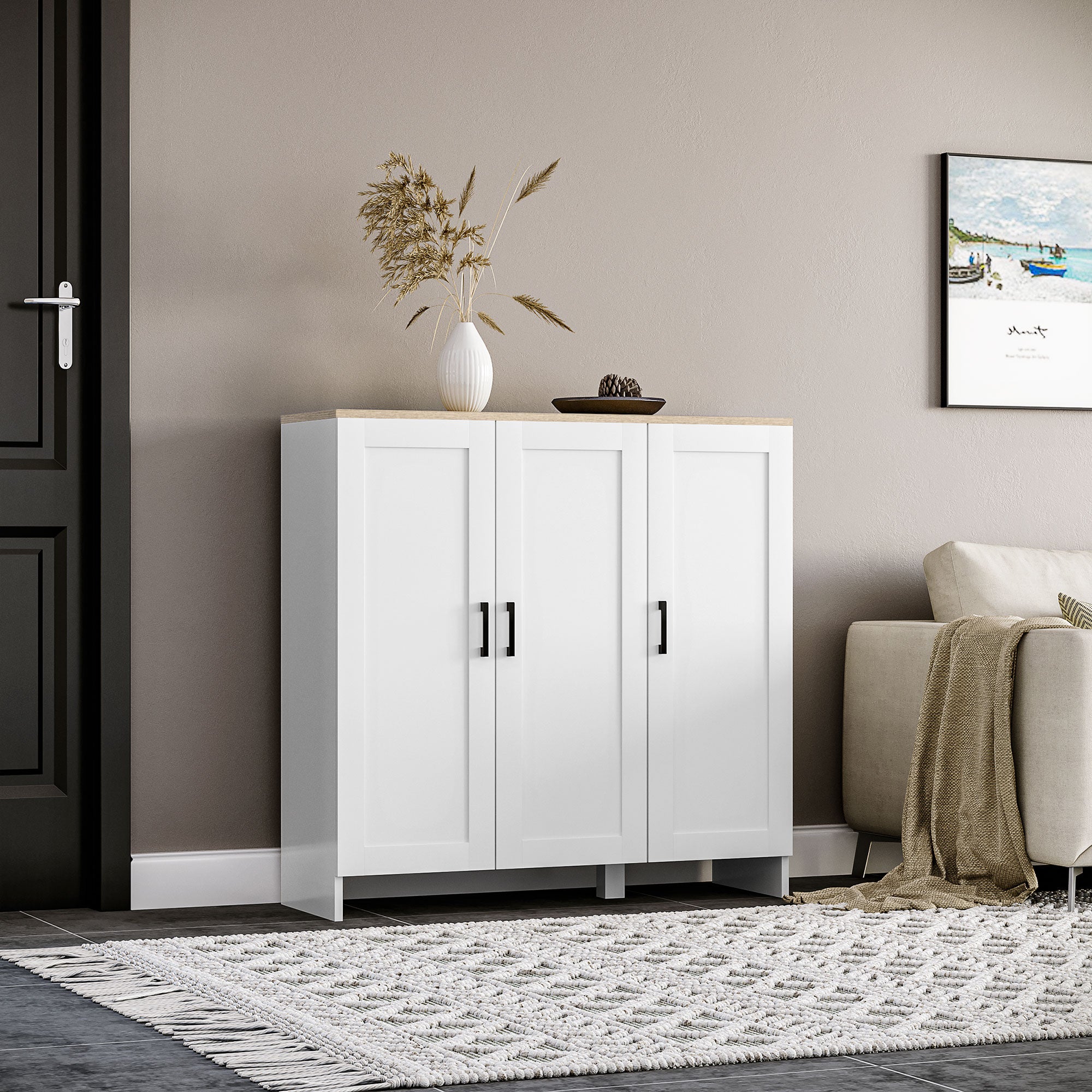 HOMCOM Modern Buffet Cabinet with Storage, 35" Narrow Sideboard, Kitchen Storage Cabinet with 3 Shaker Doors and Adjustable Shelves, White
