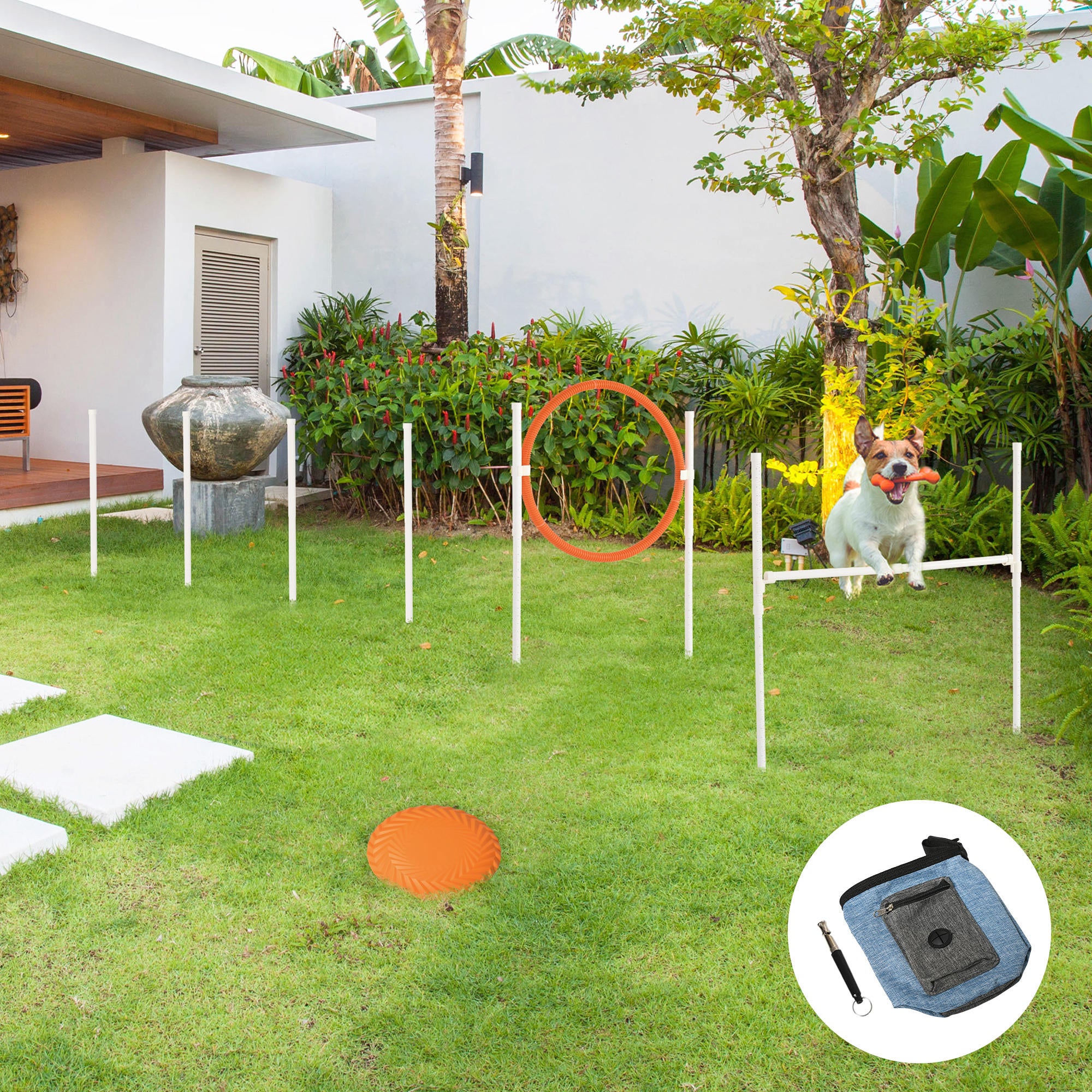 PawHut Dog Agility Training Equipment with Disc, Whistle, Weaves Poles, Adjustable Jumping Poles, Food Bag, 5 Pieces Dog Obstacle Course with Carry Bag, Multicoloured