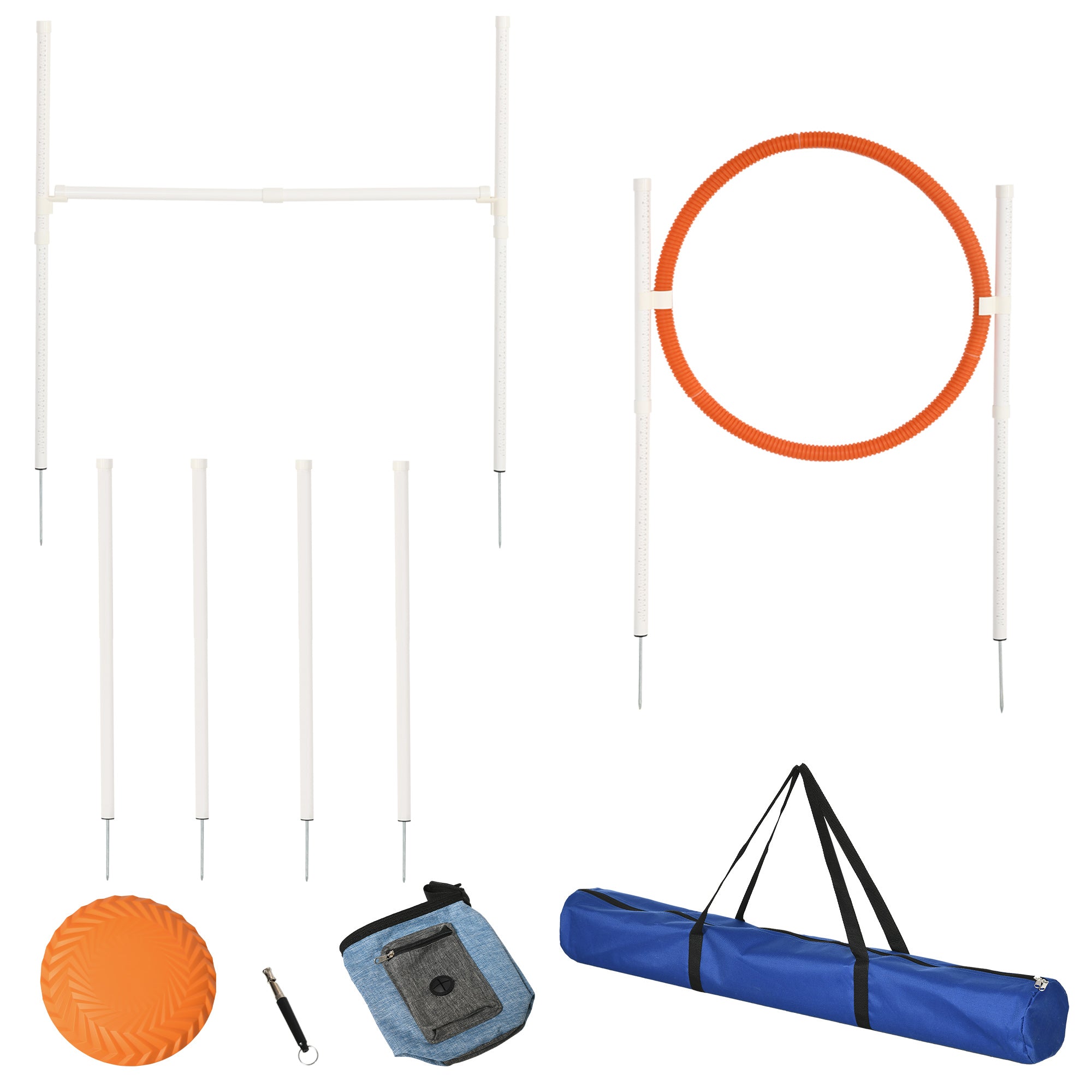 PawHut Dog Agility Training Equipment with Disc, Whistle, Weaves Poles, Adjustable Jumping Poles, Food Bag, 5 Pieces Dog Obstacle Course with Carry Bag, Multicoloured
