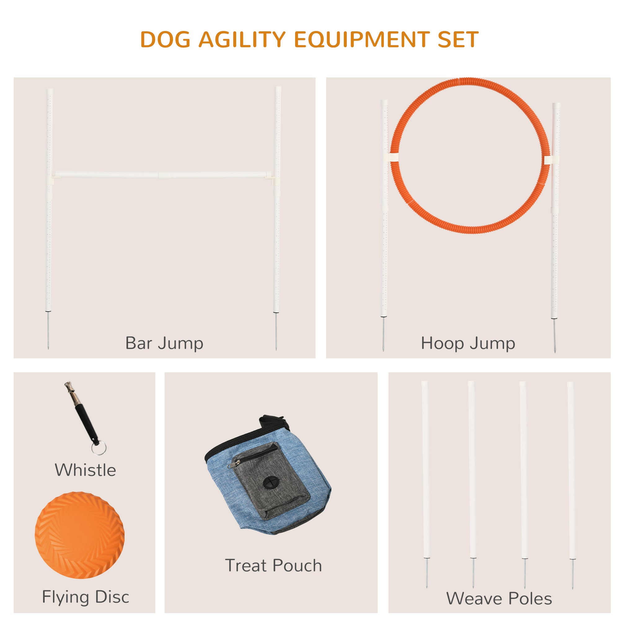 PawHut Dog Agility Training Equipment with Disc, Whistle, Weaves Poles, Adjustable Jumping Poles, Food Bag, 5 Pieces Dog Obstacle Course with Carry Bag, Multicoloured