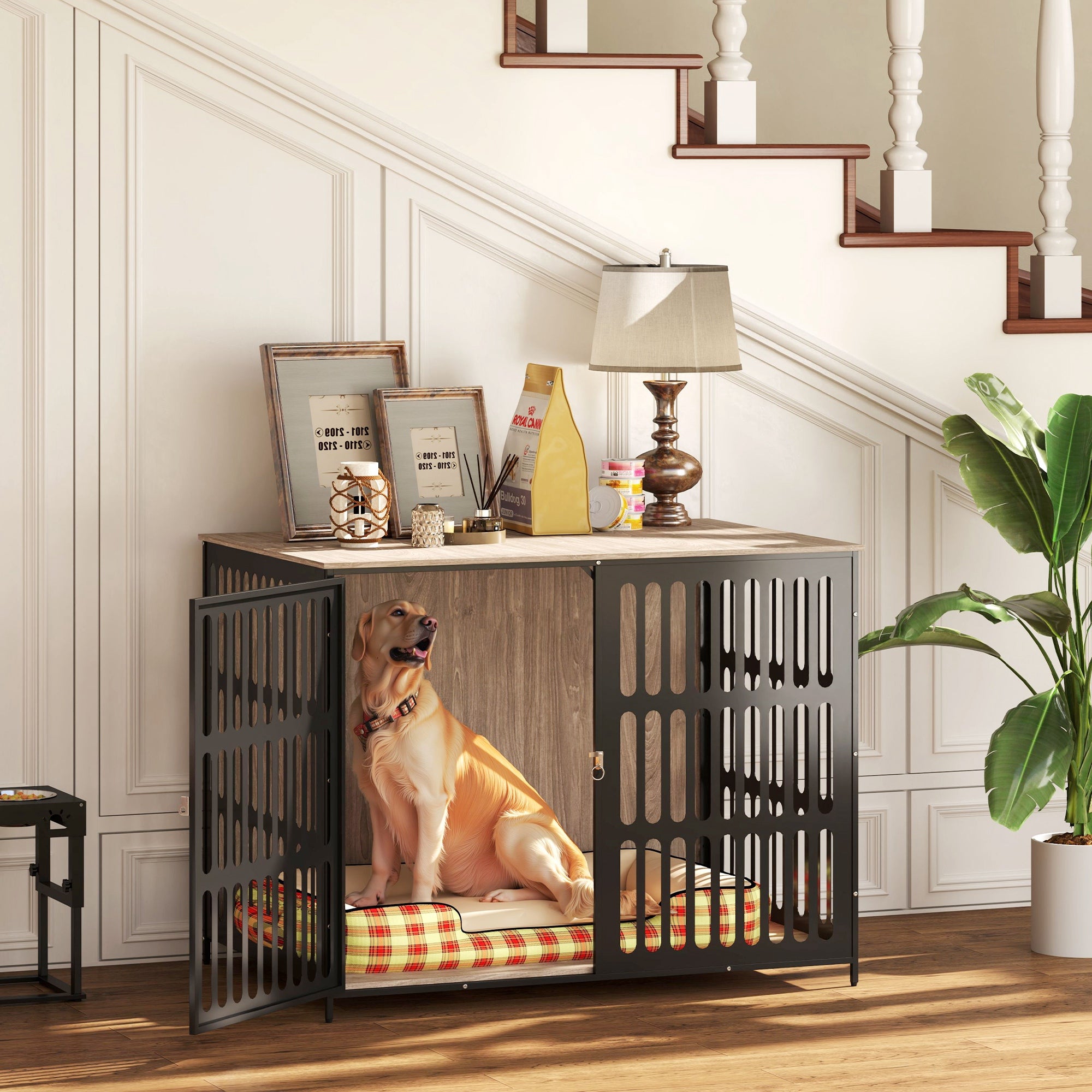 PawHut Dog Crate Furniture, Dog Cage Side End Table Indoor with Anti-Chew Resistant Mesh, Anti-Escape Door, for Extra Large Dogs, 118 x 80 x 92 cm, Walnut Brown