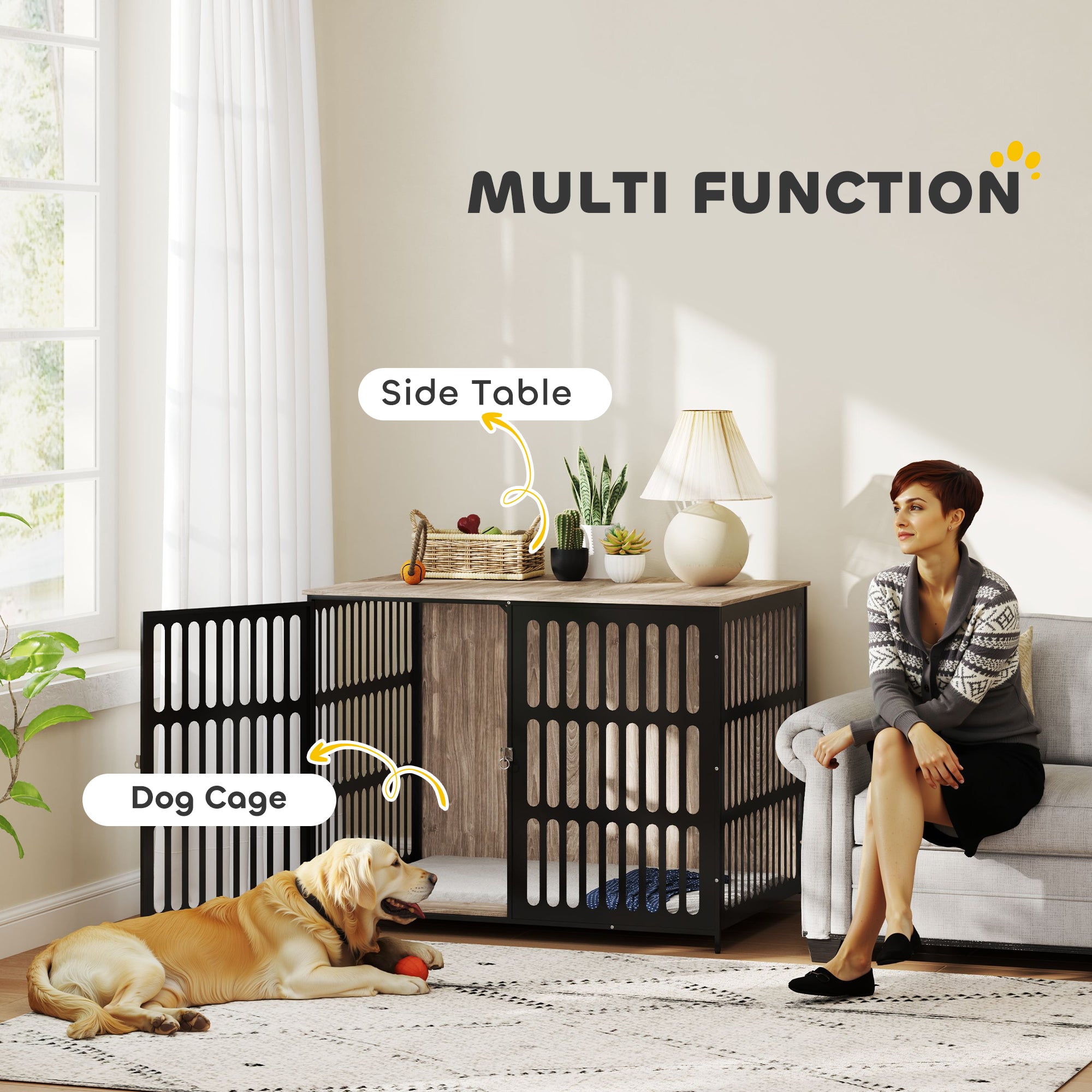PawHut Dog Crate Furniture, Dog Cage Side End Table Indoor with Anti-Chew Resistant Mesh, Anti-Escape Door, for Extra Large Dogs, 118 x 80 x 92 cm, Walnut Brown