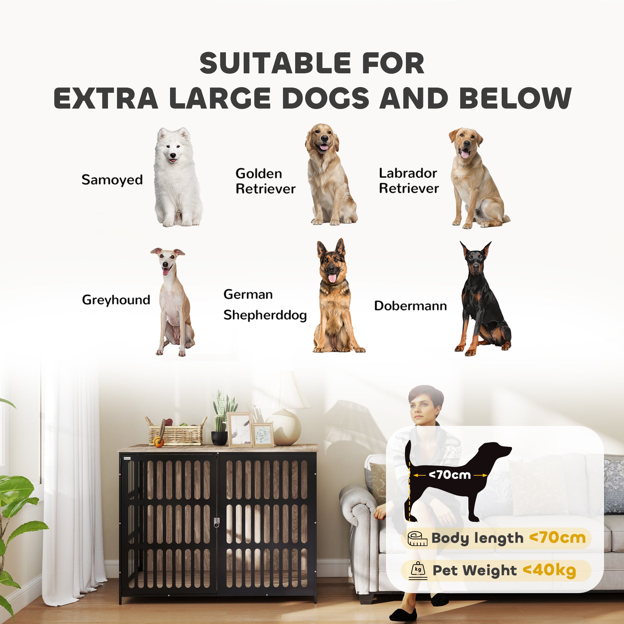 PawHut Dog Crate Furniture, Dog Cage Side End Table Indoor with Anti-Chew Resistant Mesh, Anti-Escape Door, for Extra Large Dogs, 118 x 80 x 92 cm, Walnut Brown