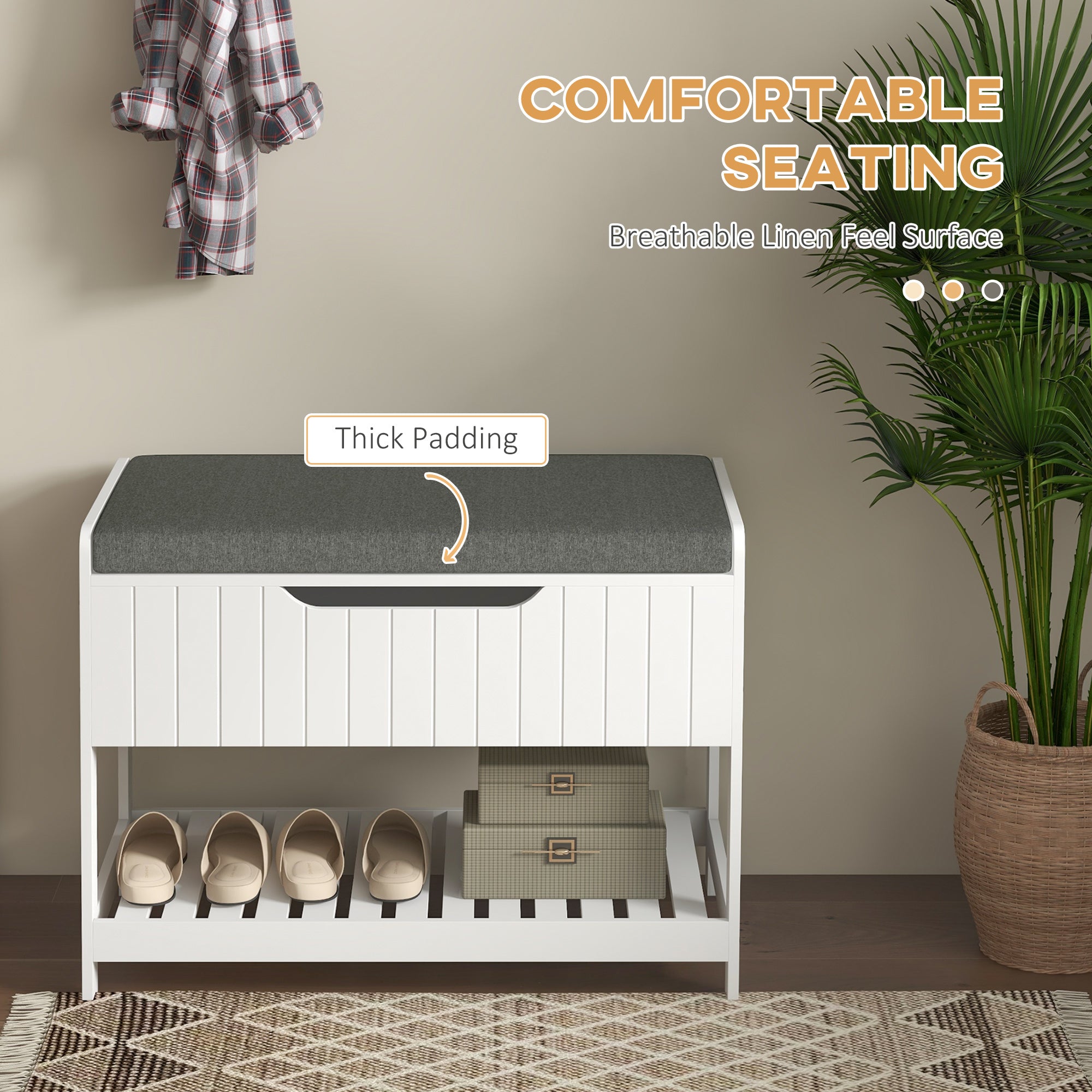 HOMCOM Coat Rack with Shoe Storage Bench, Modern 5-in-1 Hall Tree with Entryway Bench, 4 Double Hooks, Hidden Compartment and Shelves for Hallway, Living Room and Bedroom, White