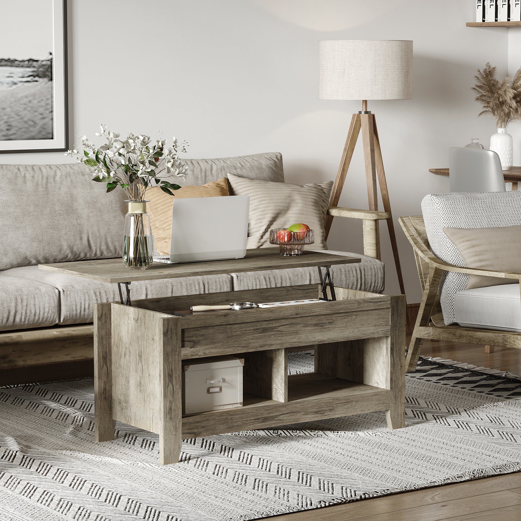 HOMCOM Lift Top Coffee Table with Hidden Storage Compartment and Open Shelves, Lift Tabletop Pop-Up Center Table for Living Room, Oak Effect