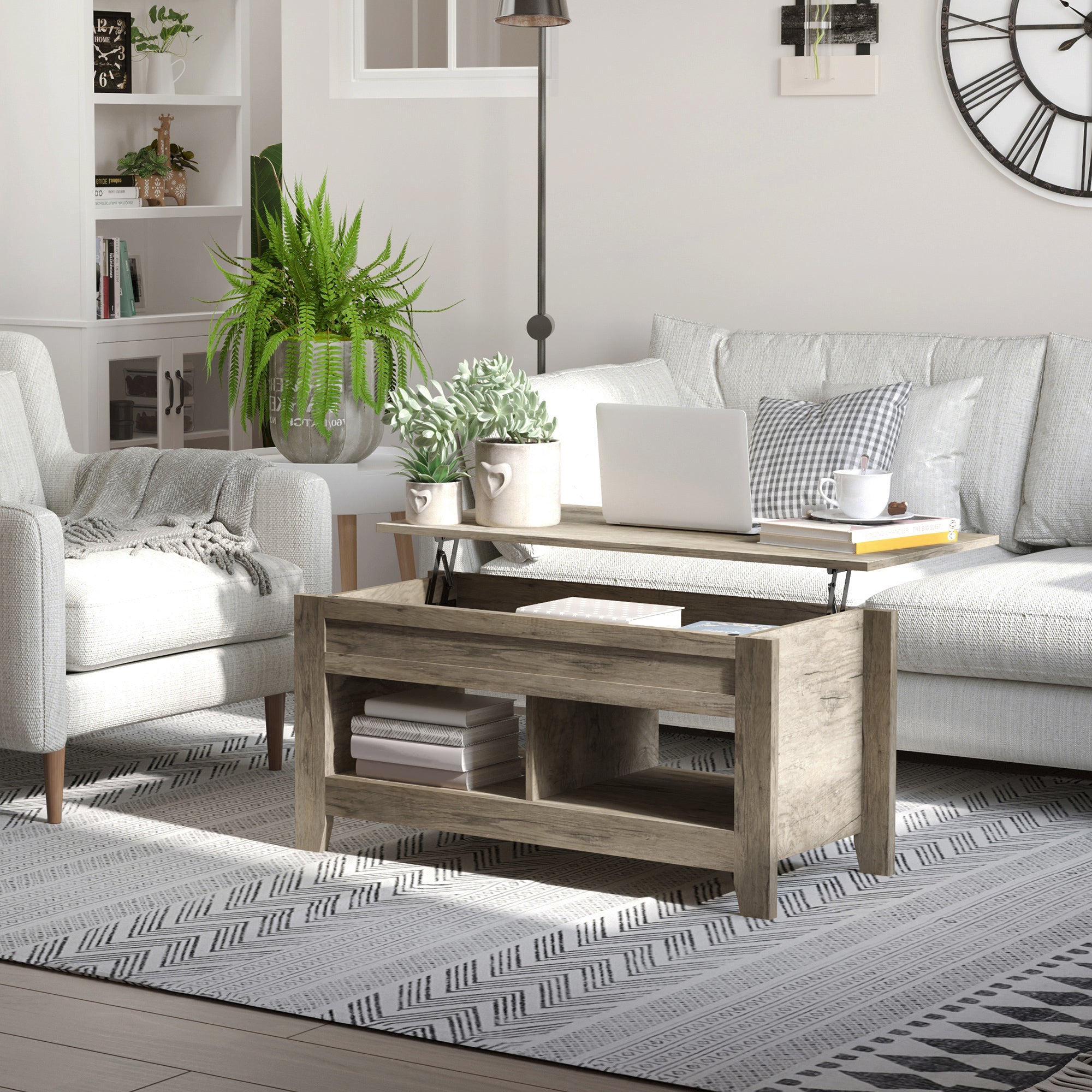 HOMCOM Lift Top Coffee Table with Hidden Storage Compartment and Open Shelves, Lift Tabletop Pop-Up Center Table for Living Room, Oak Effect