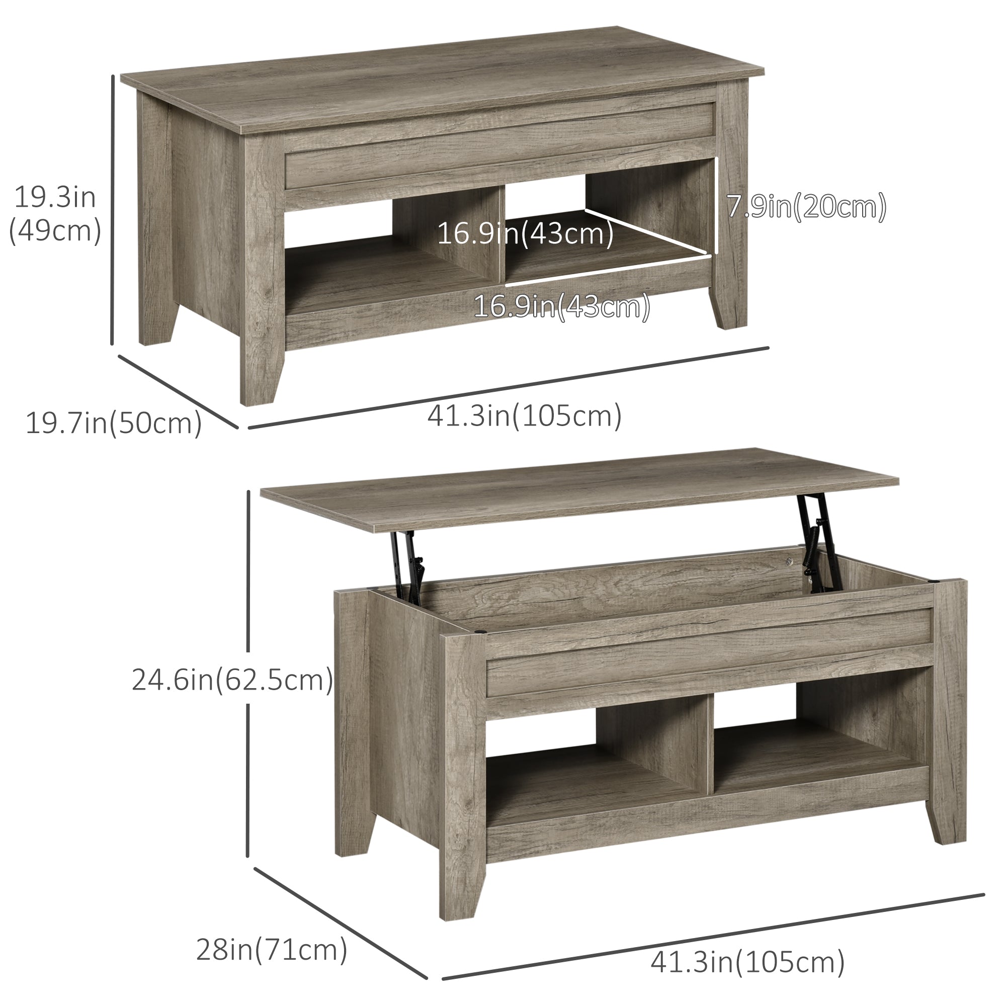 HOMCOM Lift Top Coffee Table with Hidden Storage Compartment and Open Shelves, Lift Tabletop Pop-Up Center Table for Living Room, Oak Effect