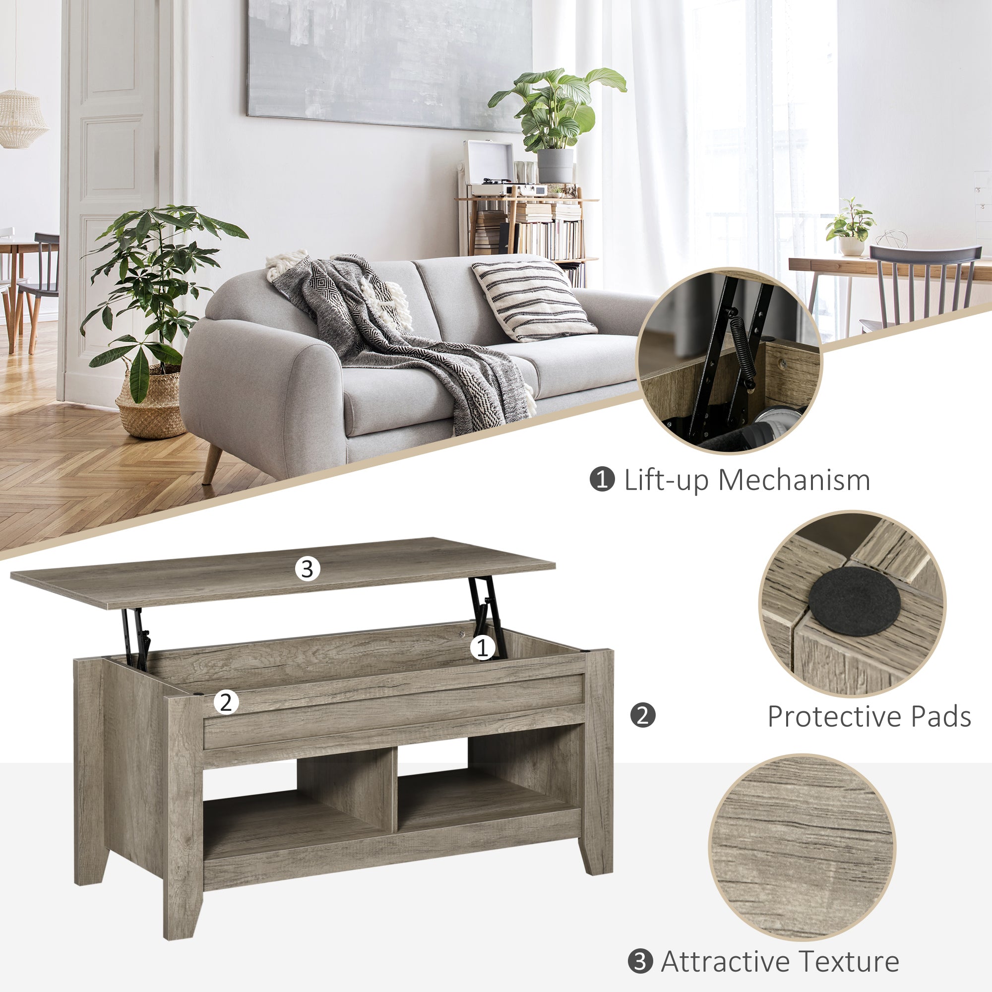 HOMCOM Lift Top Coffee Table with Hidden Storage Compartment and Open Shelves, Lift Tabletop Pop-Up Center Table for Living Room, Oak Effect