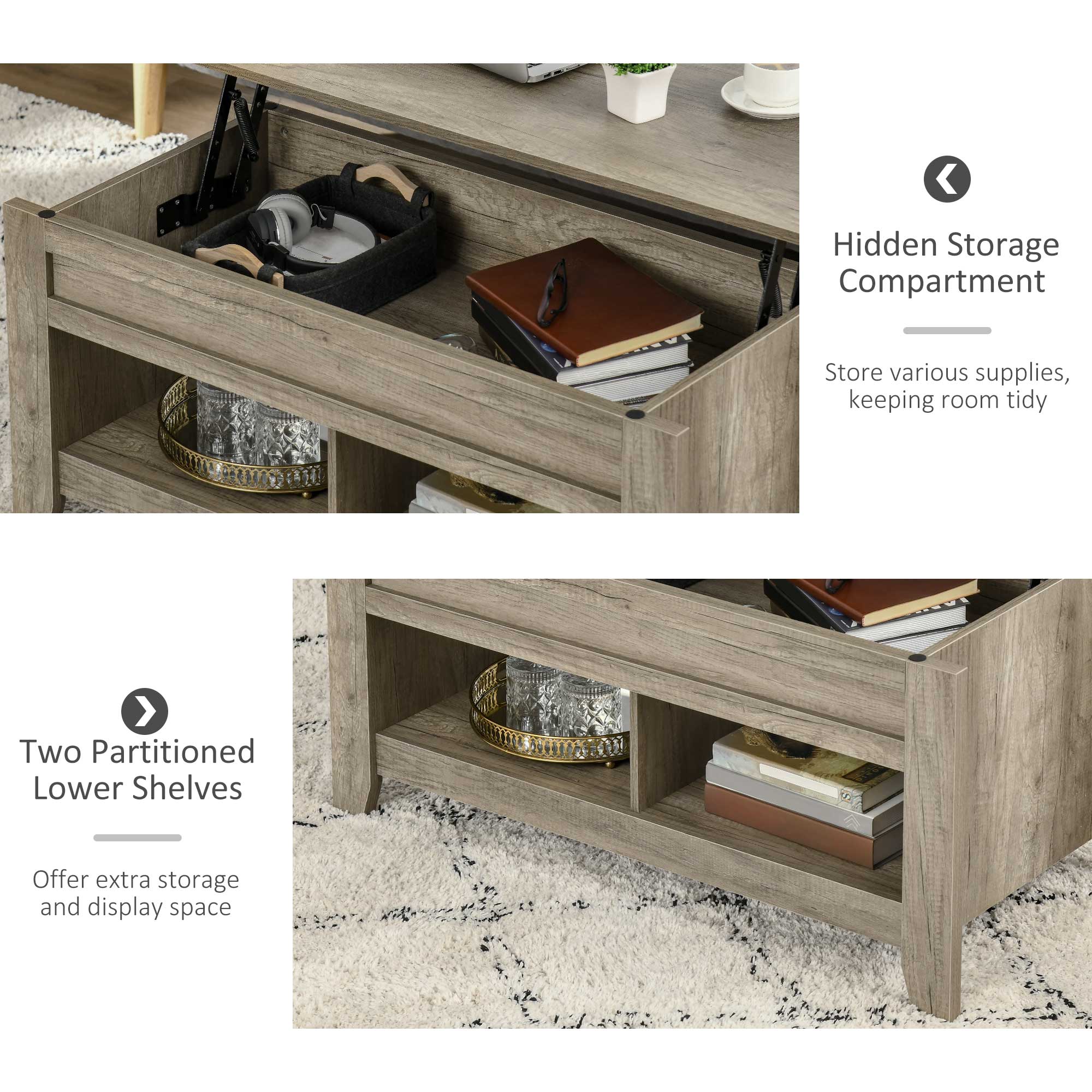 HOMCOM Lift Top Coffee Table with Hidden Storage Compartment and Open Shelves, Lift Tabletop Pop-Up Center Table for Living Room, Oak Effect
