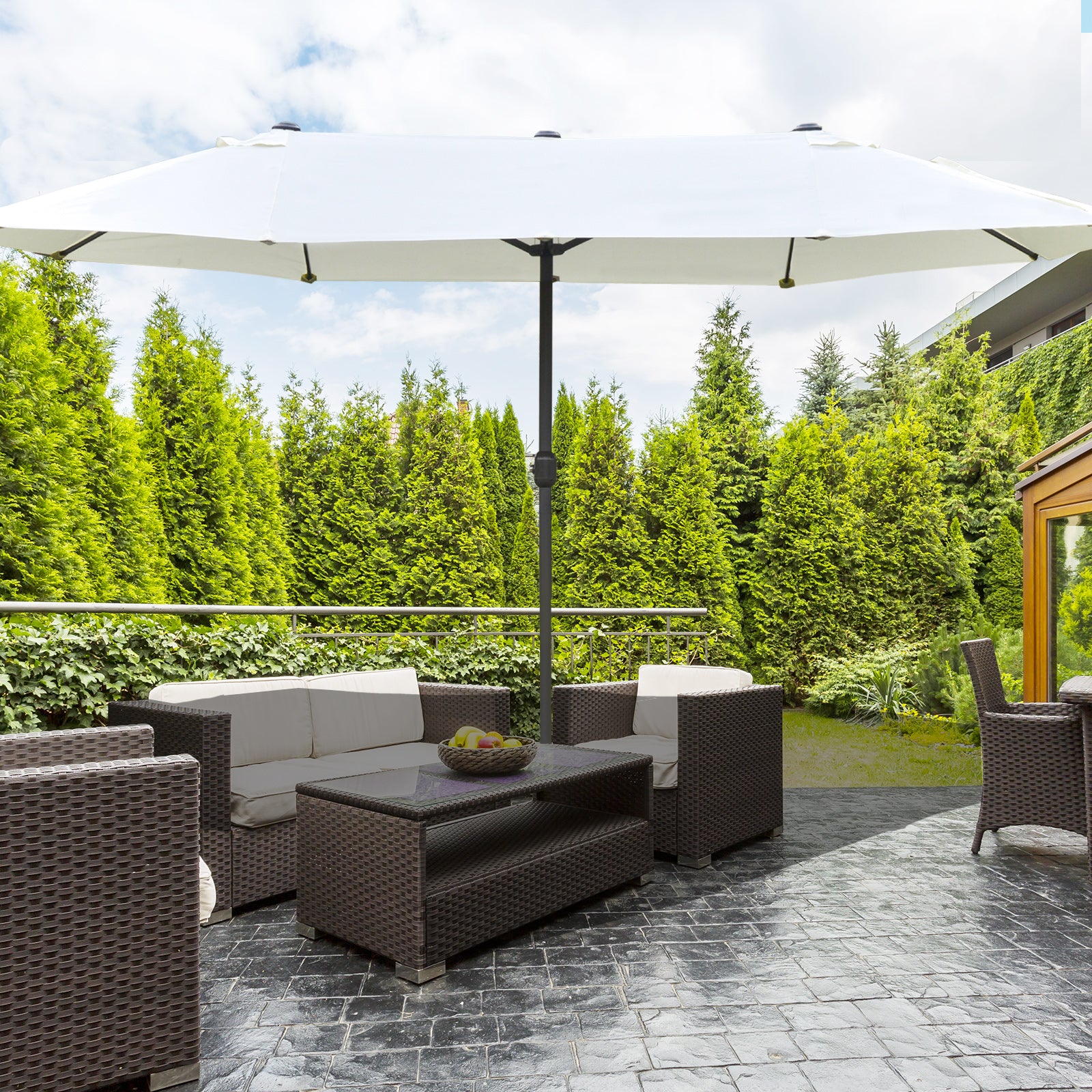 Outsunny 15' Outdoor Patio Umbrella with Twin Canopy Sunshade Steel Table Umbrella with Lift Crank, Cross base, Sandbag, Beige