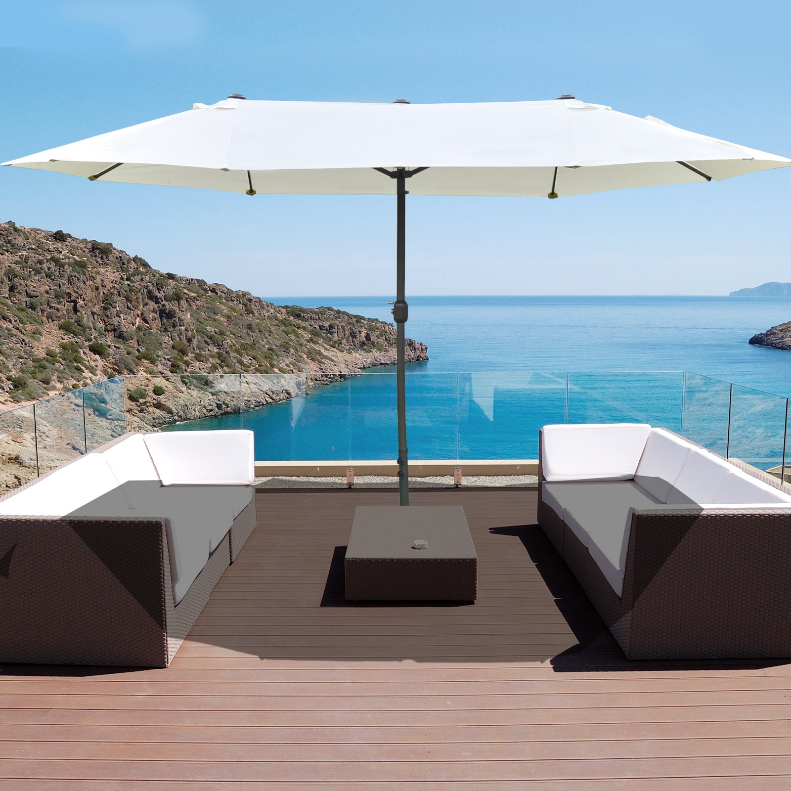 Outsunny 15' Outdoor Patio Umbrella with Twin Canopy Sunshade Steel Table Umbrella with Lift Crank, Cross base, Sandbag, Beige