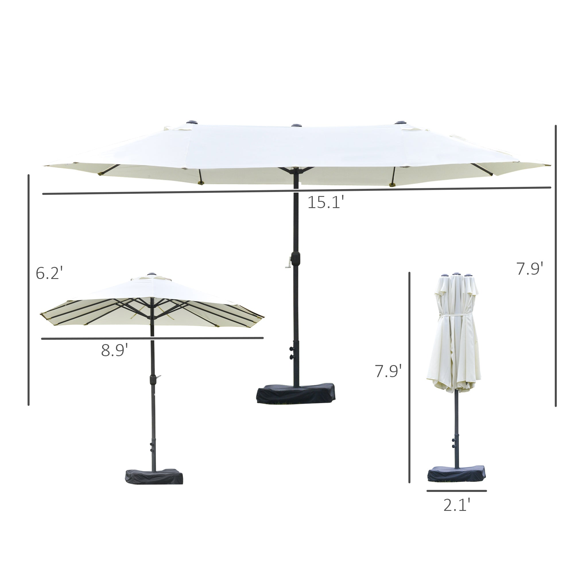Outsunny 15' Outdoor Patio Umbrella with Twin Canopy Sunshade Steel Table Umbrella with Lift Crank, Cross base, Sandbag, Beige