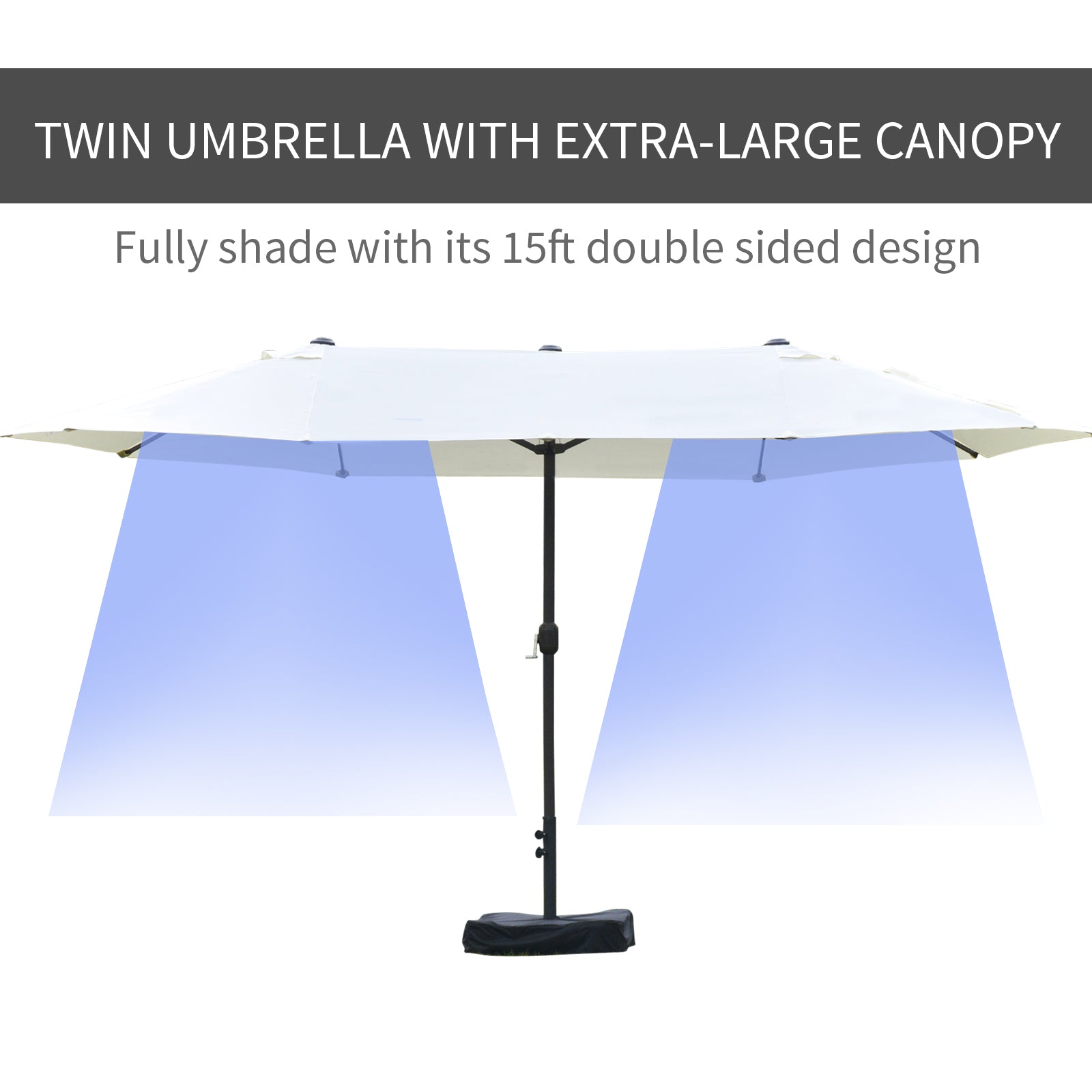 Outsunny 15' Outdoor Patio Umbrella with Twin Canopy Sunshade Steel Table Umbrella with Lift Crank, Cross base, Sandbag, Beige