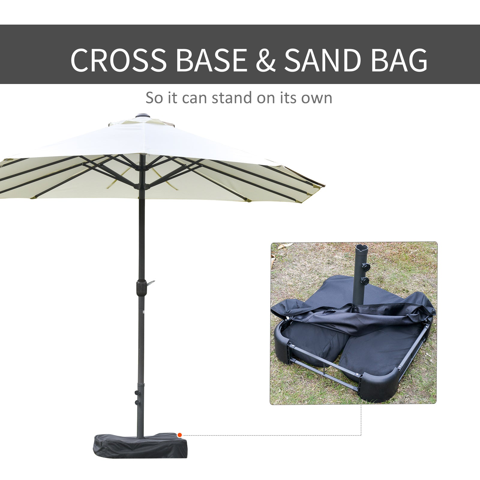 Outsunny 15' Outdoor Patio Umbrella with Twin Canopy Sunshade Steel Table Umbrella with Lift Crank, Cross base, Sandbag, Beige