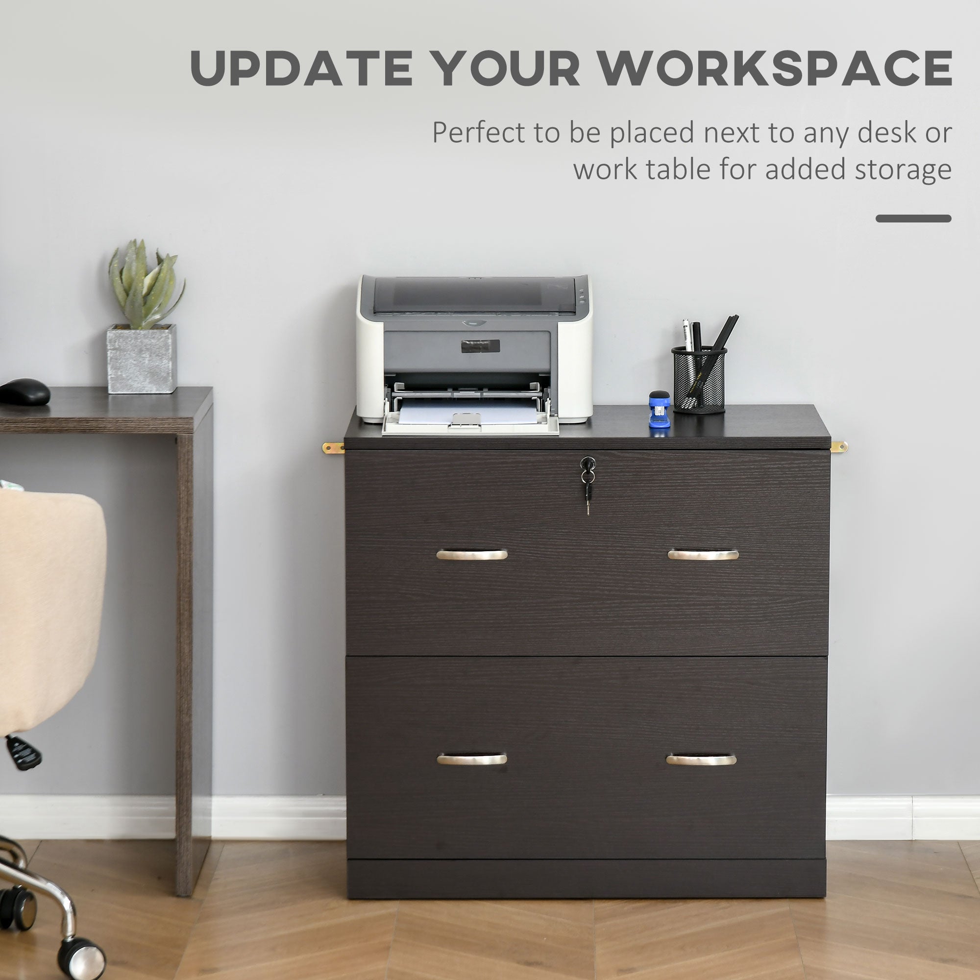 Vinsetto 2-Drawer Lateral Filing Cabinet with Lock, File Cabinet with Hanging Bar for Letter Size, Home Office, Espresso