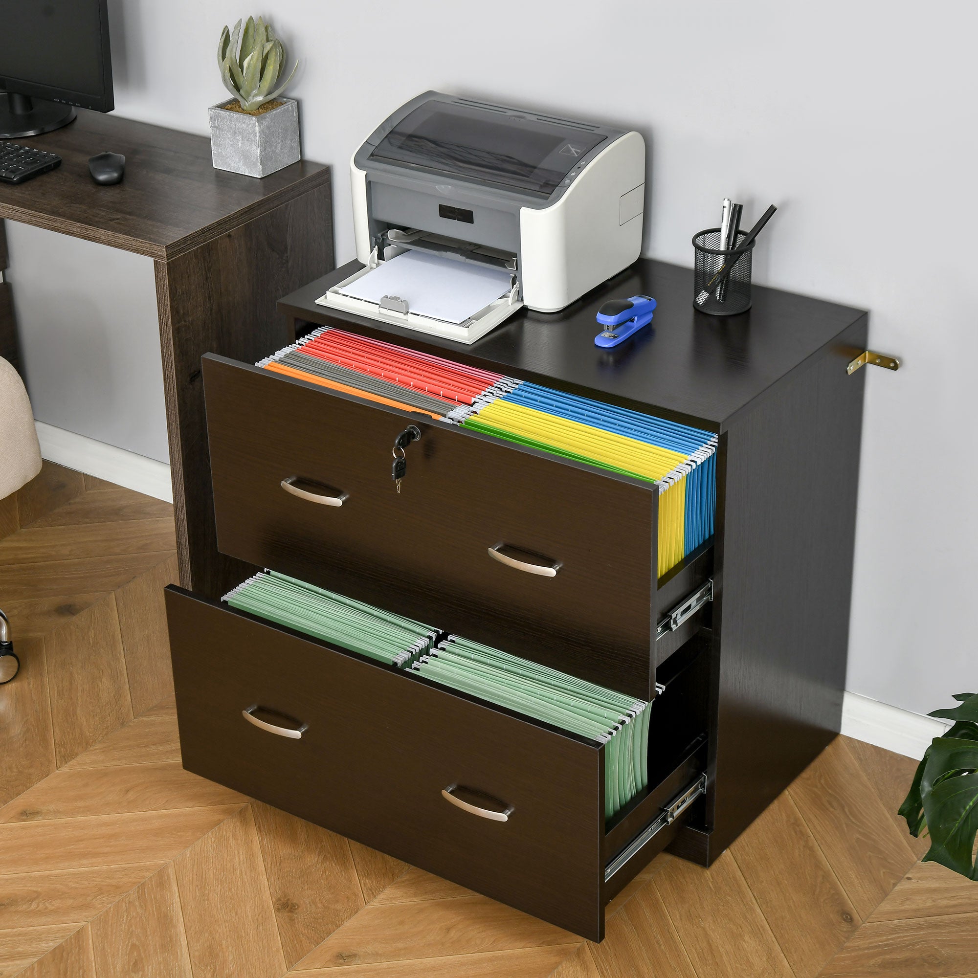 Vinsetto 2-Drawer Lateral Filing Cabinet with Lock, File Cabinet with Hanging Bar for Letter Size, Home Office, Espresso