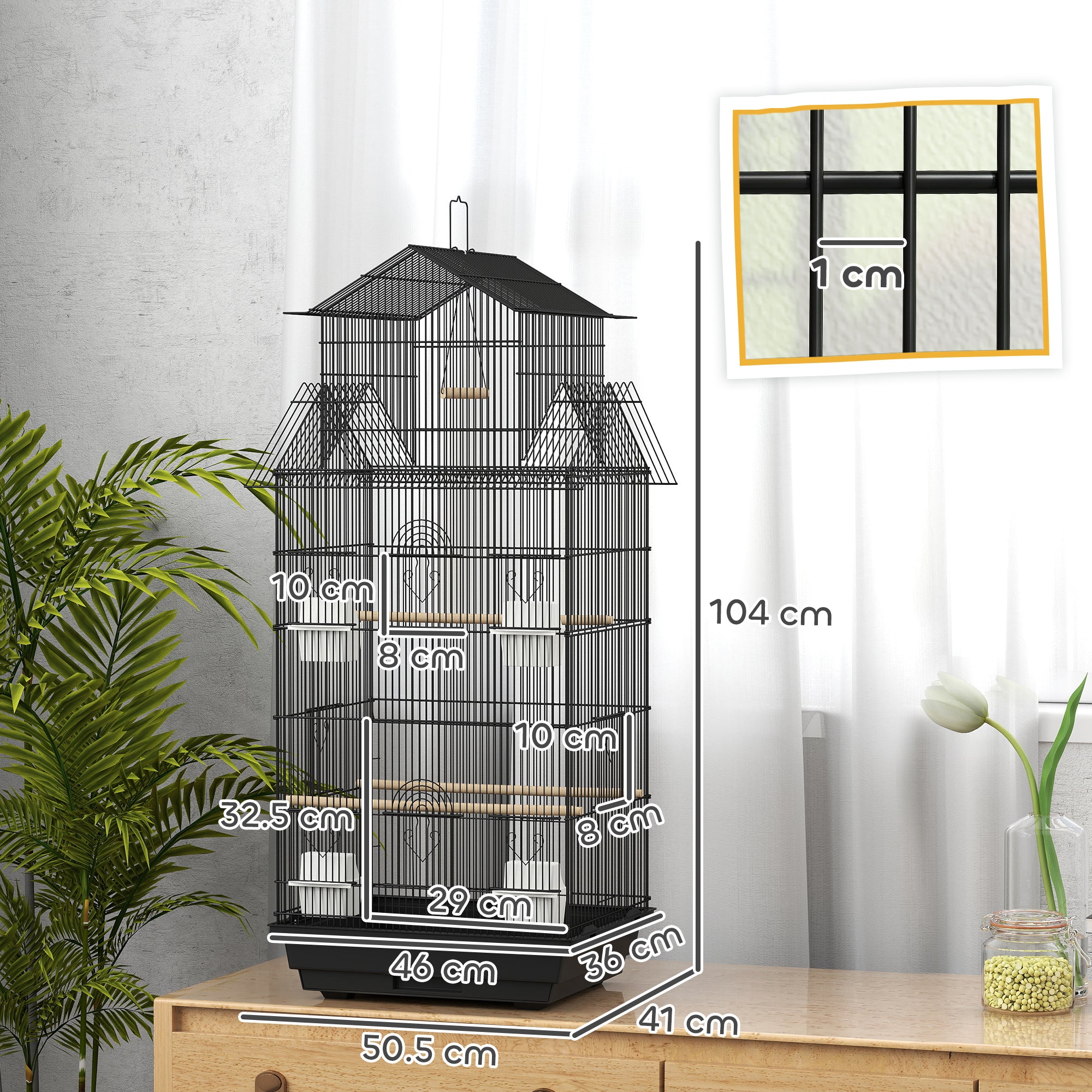 PawHut Bird Cage Budgie Cage with Slide Tray Handle for Finch Canary 43 x 32.5 x 104cm, Black