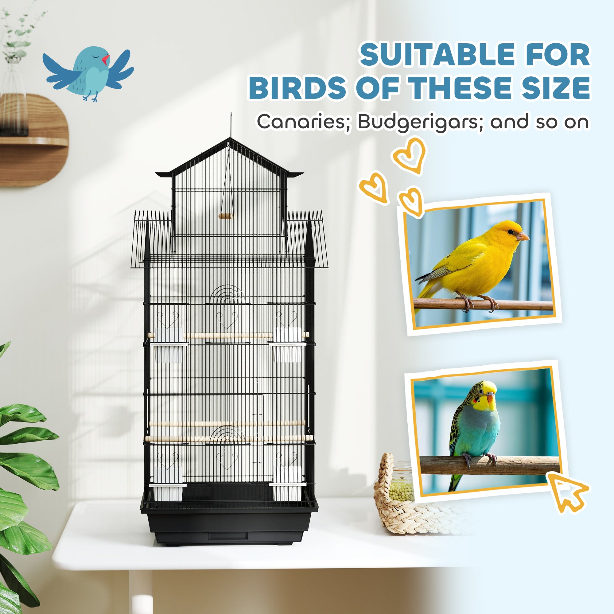PawHut Bird Cage Budgie Cage with Slide Tray Handle for Finch Canary 43 x 32.5 x 104cm, Black
