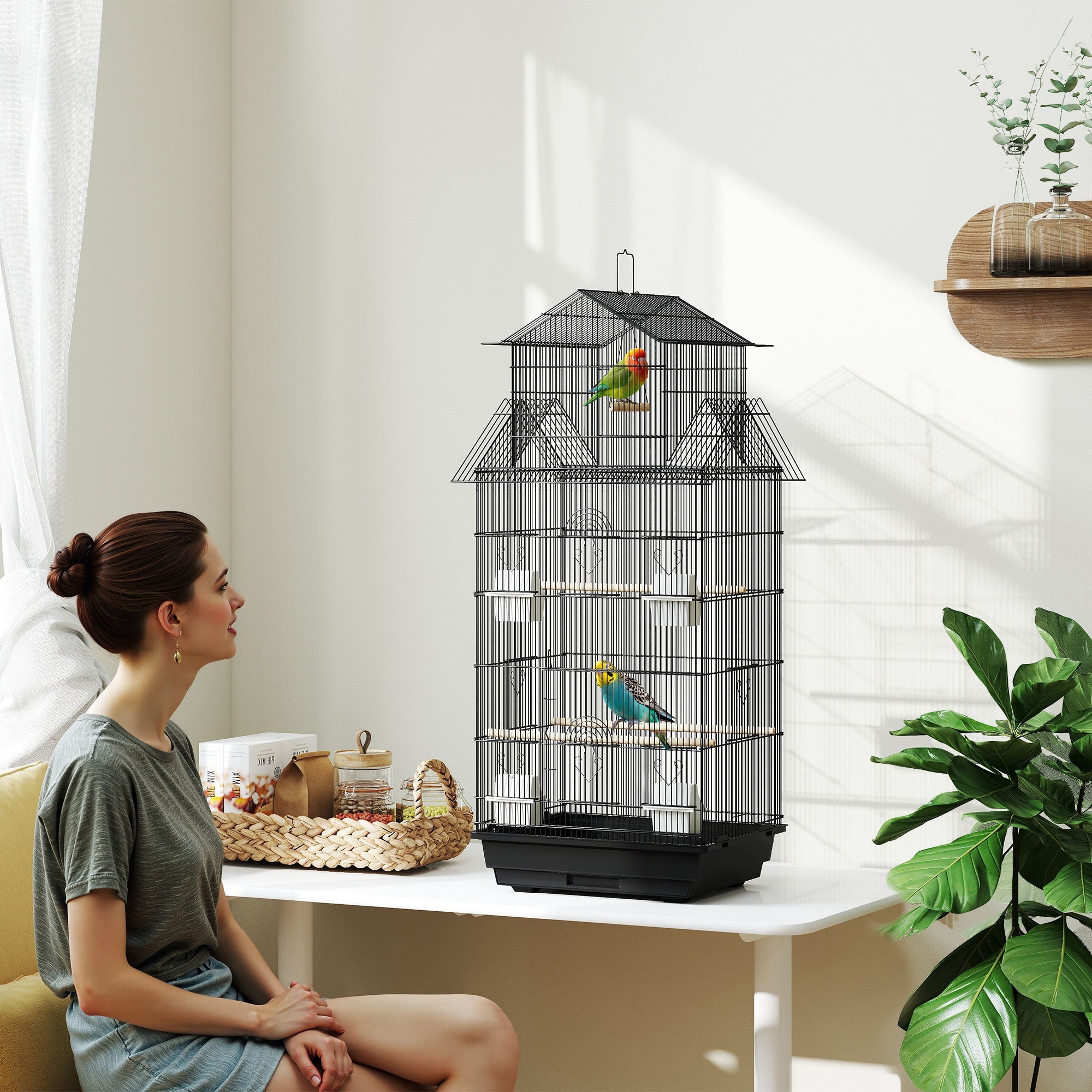 PawHut Bird Cage Budgie Cage with Slide Tray Handle for Finch Canary 43 x 32.5 x 104cm, Black