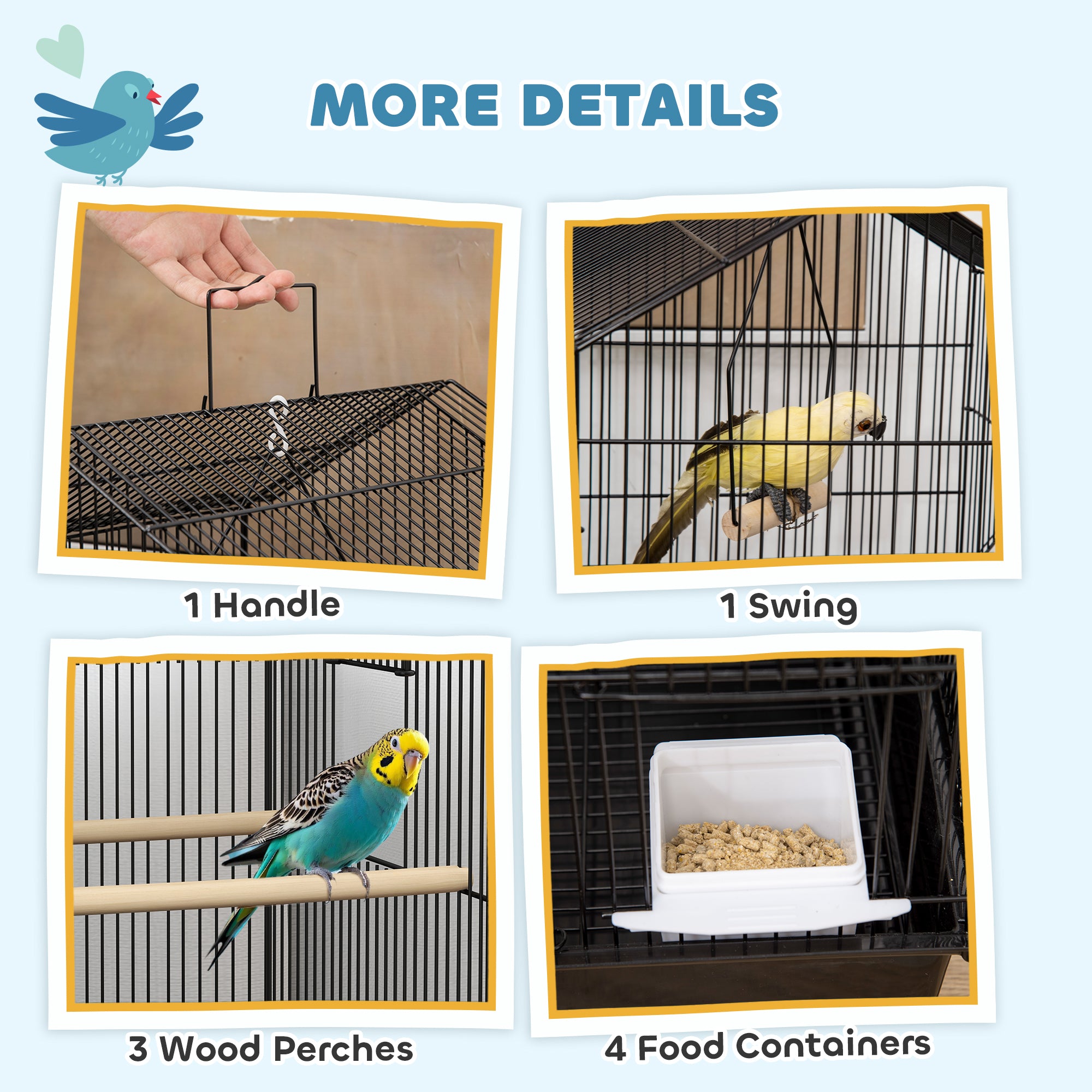 PawHut Bird Cage Budgie Cage with Slide Tray Handle for Finch Canary 43 x 32.5 x 104cm, Black
