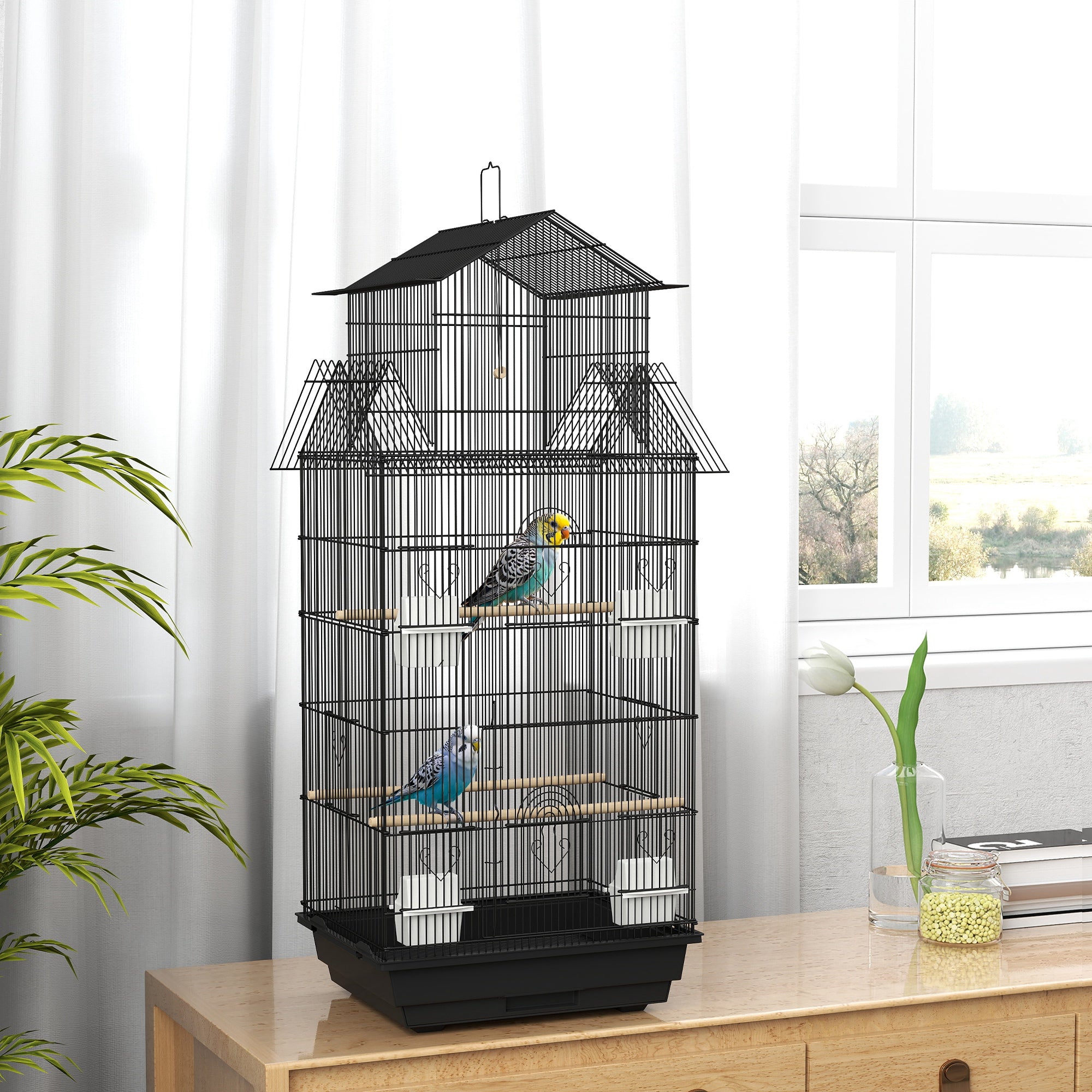 PawHut Bird Cage Budgie Cage with Slide Tray Handle for Finch Canary 43 x 32.5 x 104cm, Black