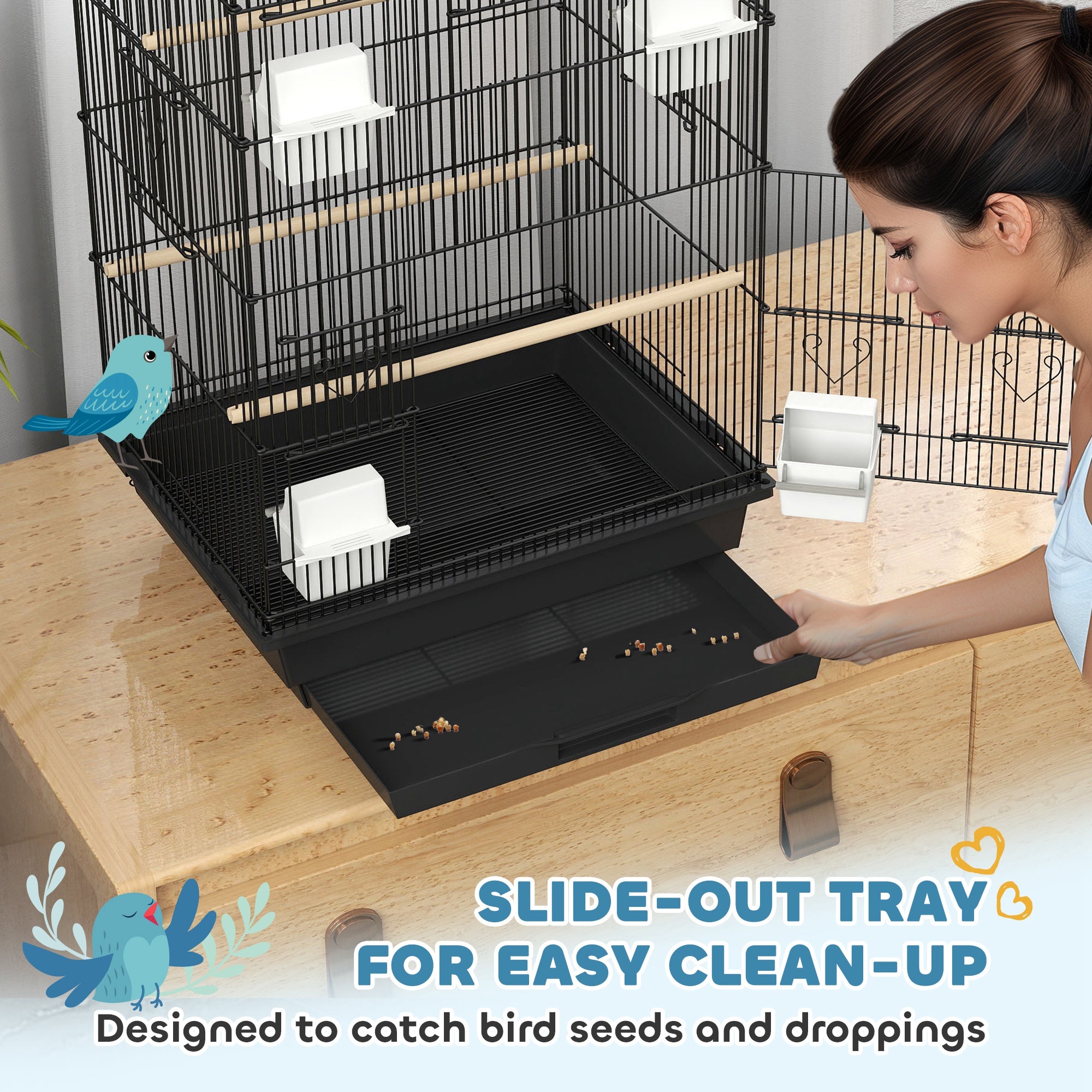 PawHut Bird Cage Budgie Cage with Slide Tray Handle for Finch Canary 43 x 32.5 x 104cm, Black