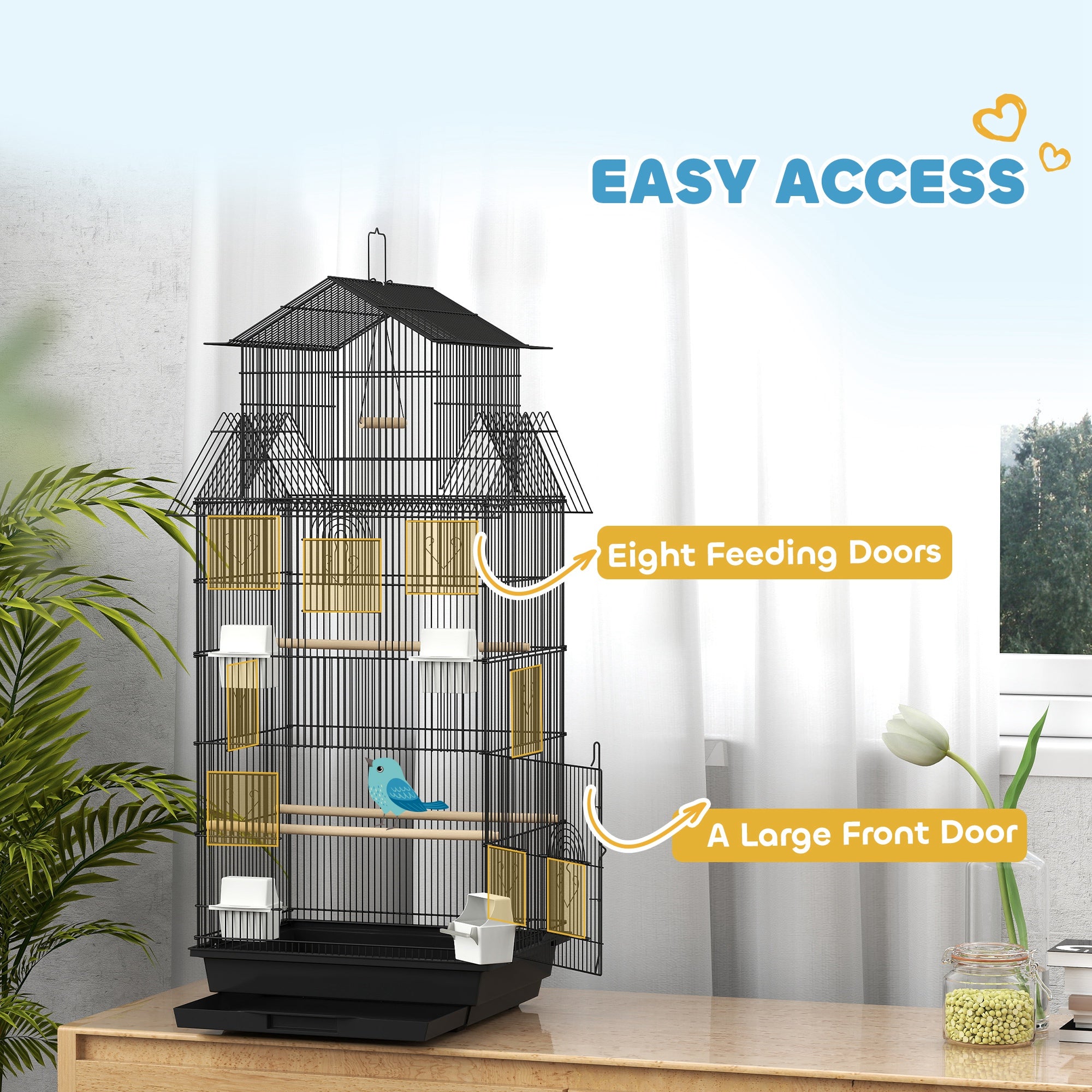 PawHut Bird Cage Budgie Cage with Slide Tray Handle for Finch Canary 43 x 32.5 x 104cm, Black