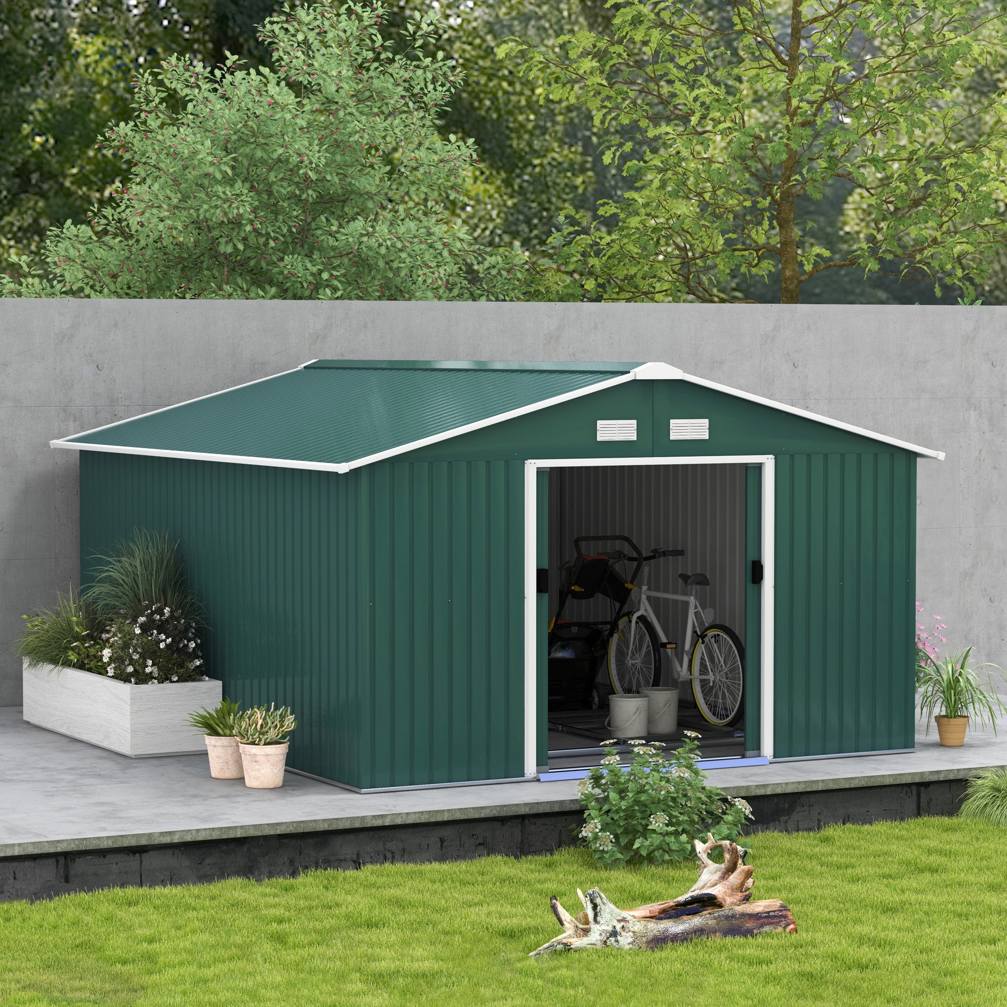 Outsunny 11' x 13' Garden Storage Shed with Foundation Kit, Metal Tool Storage House with Double Doors for Outdoor Patio Yard, Green