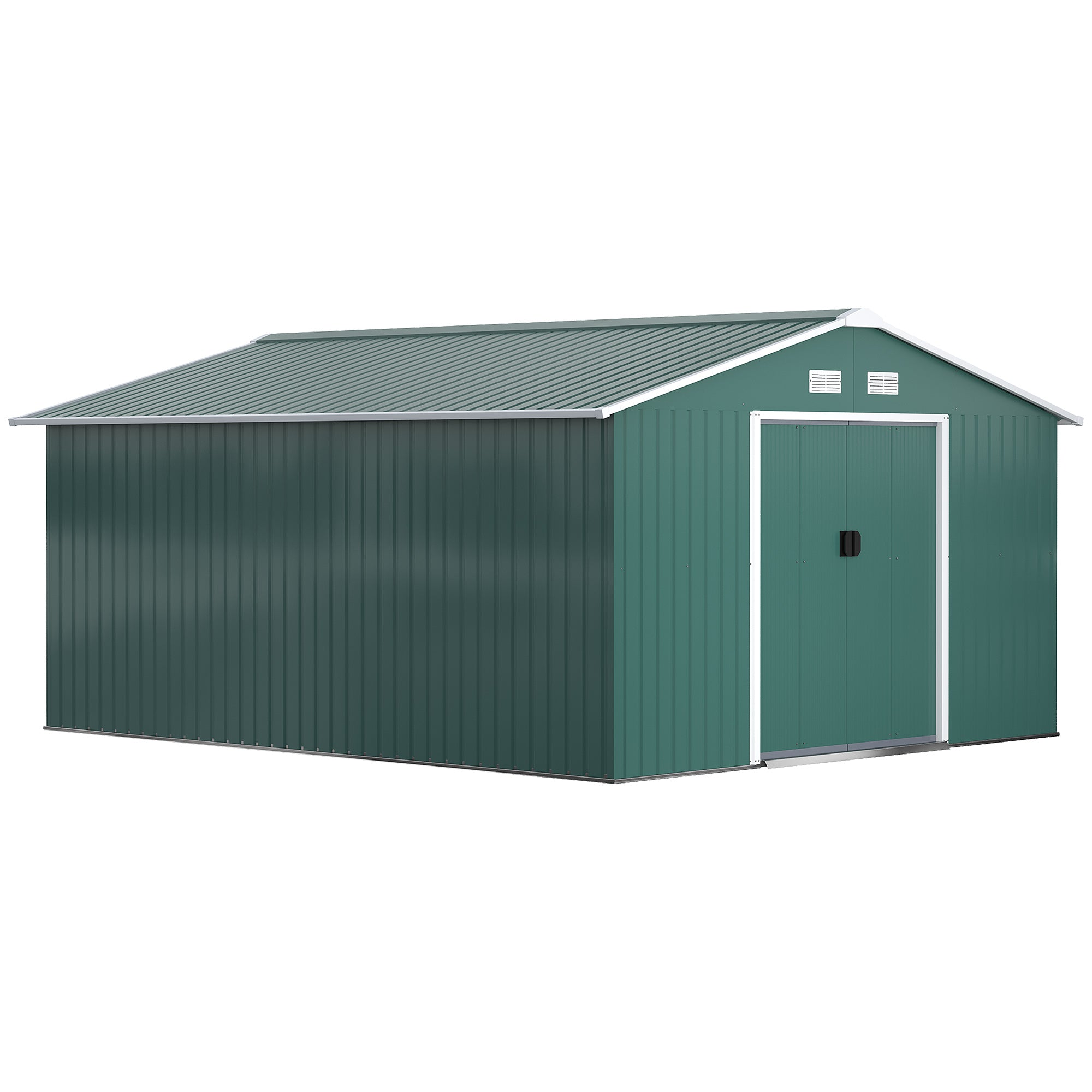 Outsunny 11' x 13' Garden Storage Shed with Foundation Kit, Metal Tool Storage House with Double Doors for Outdoor Patio Yard, Green