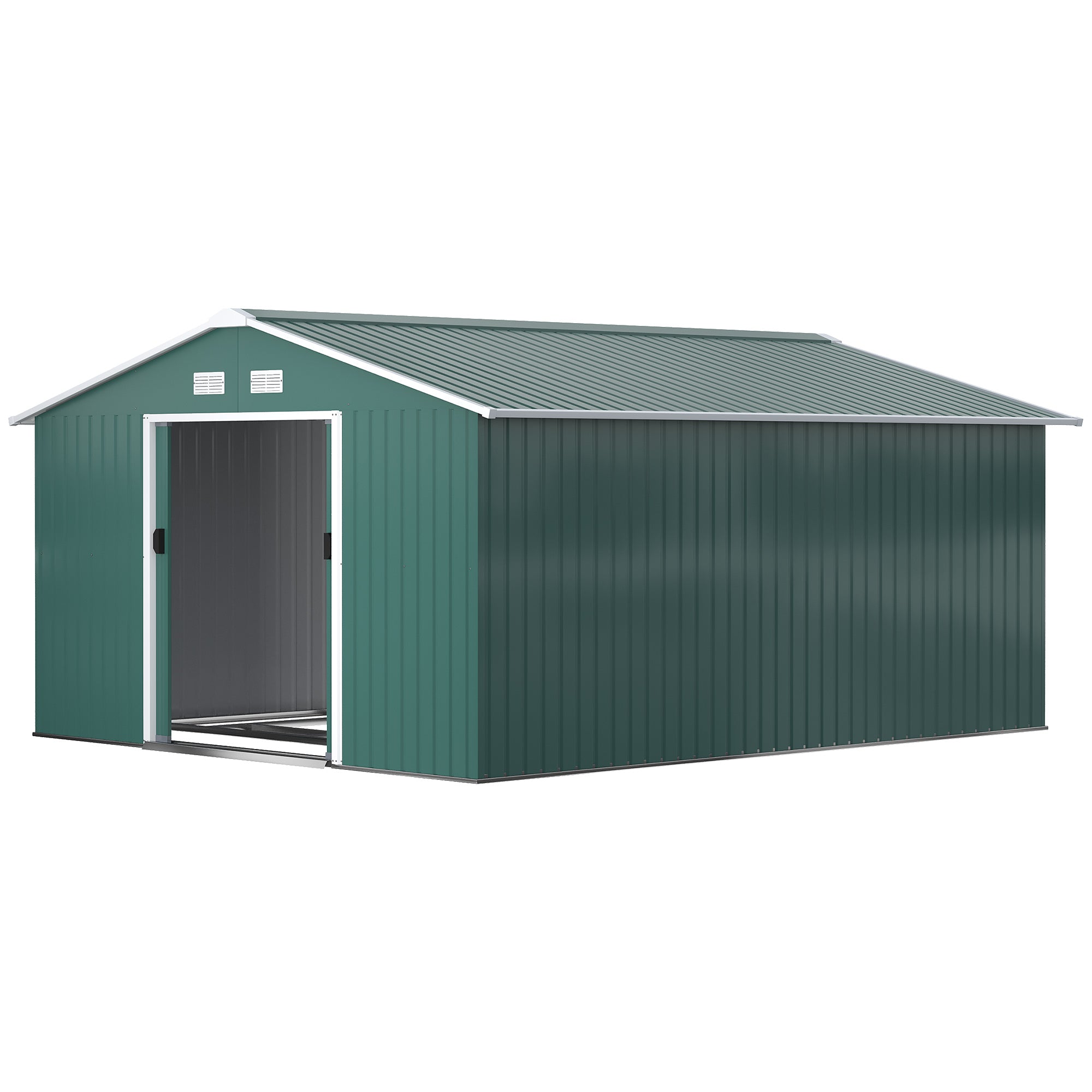 Outsunny 11' x 13' Garden Storage Shed with Foundation Kit, Metal Tool Storage House with Double Doors for Outdoor Patio Yard, Green