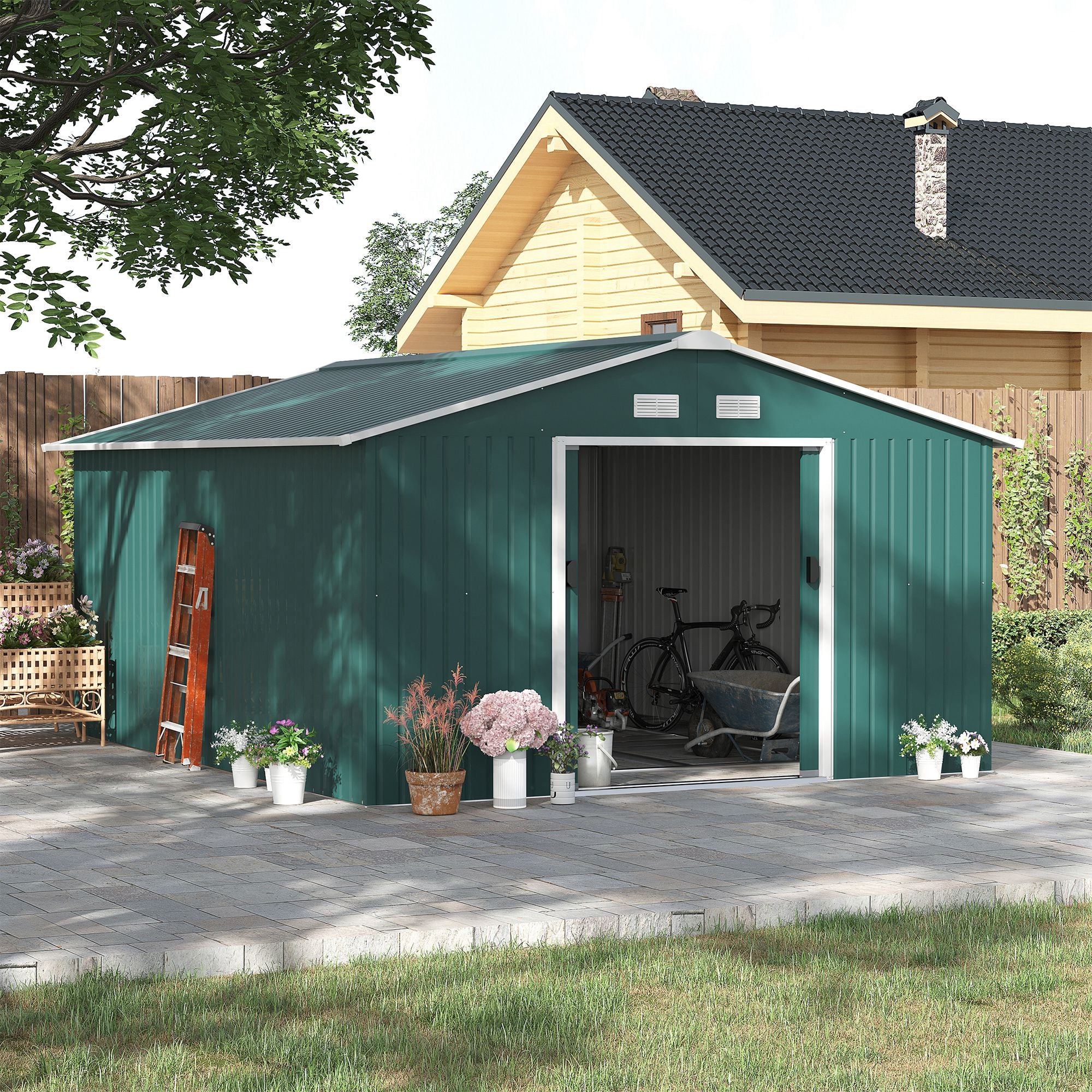 Outsunny 11' x 13' Garden Storage Shed with Foundation Kit, Metal Tool Storage House with Double Doors for Outdoor Patio Yard, Green