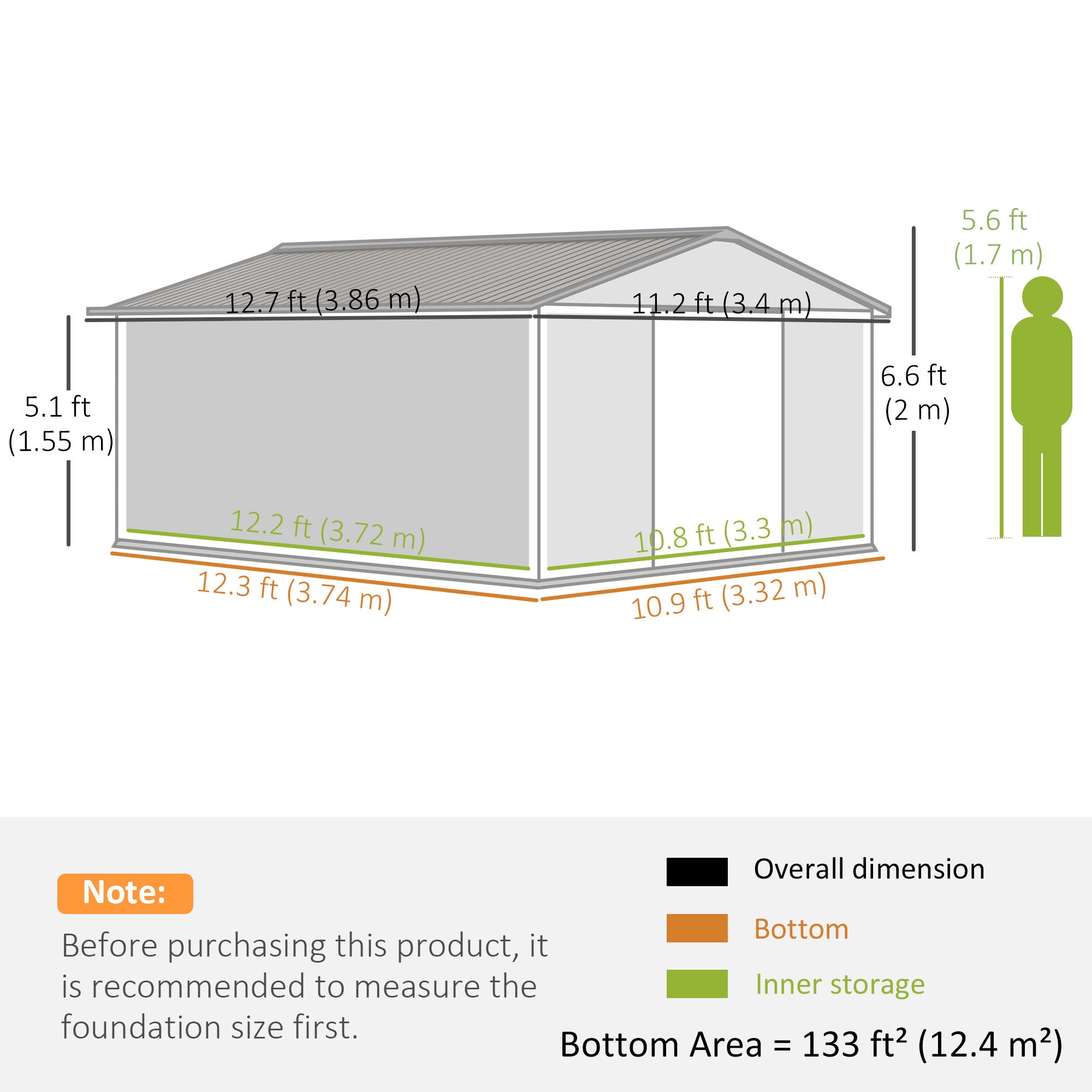 Outsunny 11' x 13' Garden Storage Shed with Foundation Kit, Metal Tool Storage House with Double Doors for Outdoor Patio Yard, Green
