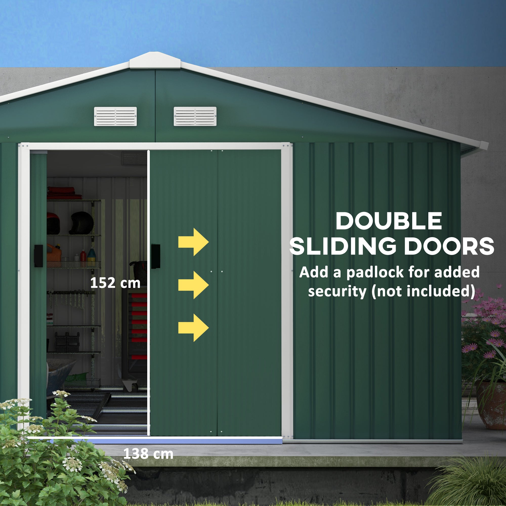 Outsunny 11' x 13' Garden Storage Shed with Foundation Kit, Metal Tool Storage House with Double Doors for Outdoor Patio Yard, Green
