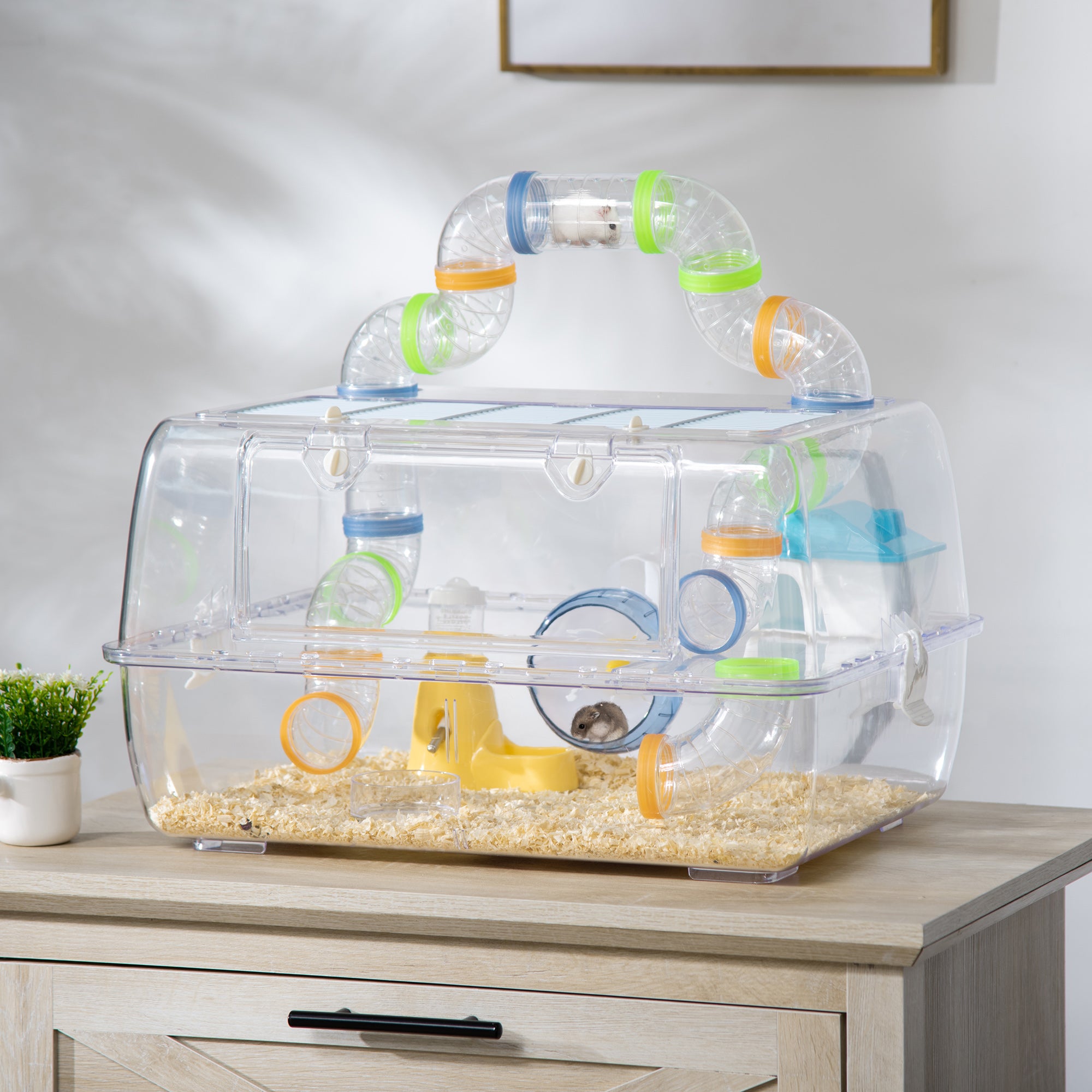 PawHut Hamster Cage, 2-Level Rat House Mouse Habitat with Accessories Tube Tunnels, Exercise Wheel, Water Bottle, Food Dish, Hut, 22" x 15" x 12.5", Transparent