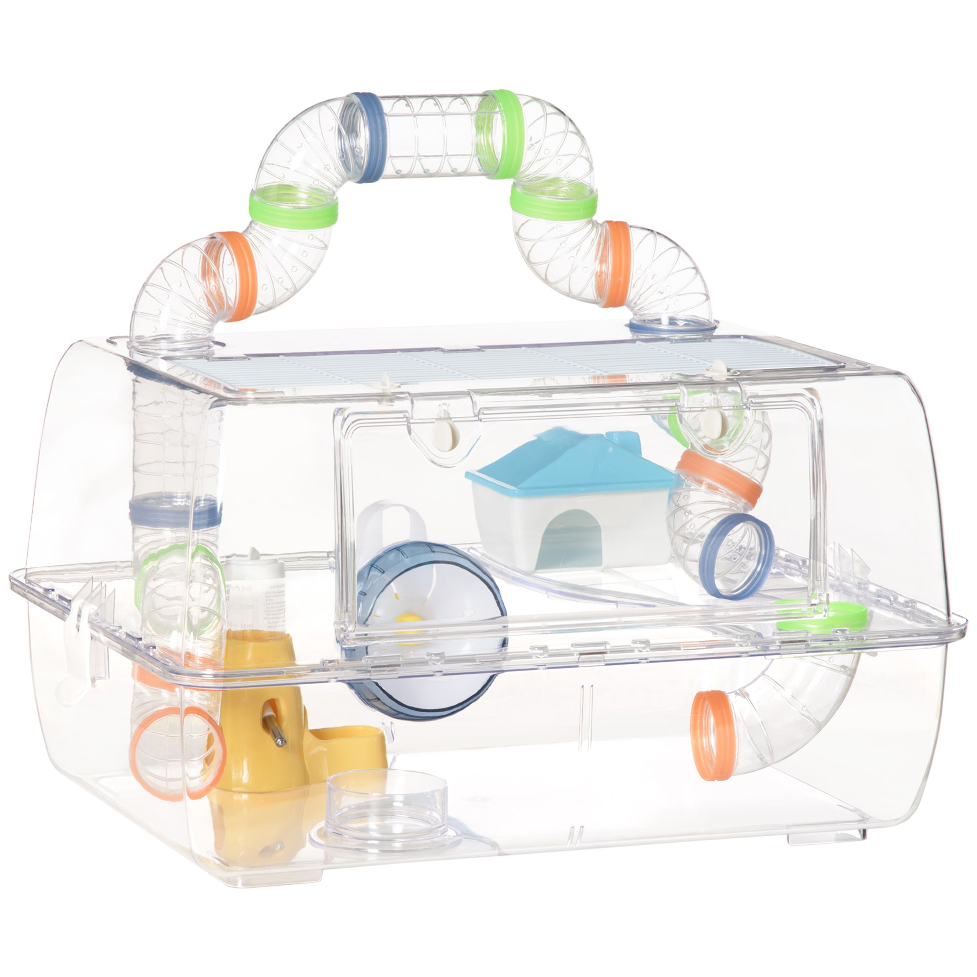 PawHut Hamster Cage, 2-Level Rat House Mouse Habitat with Accessories Tube Tunnels, Exercise Wheel, Water Bottle, Food Dish, Hut, 22" x 15" x 12.5", Transparent