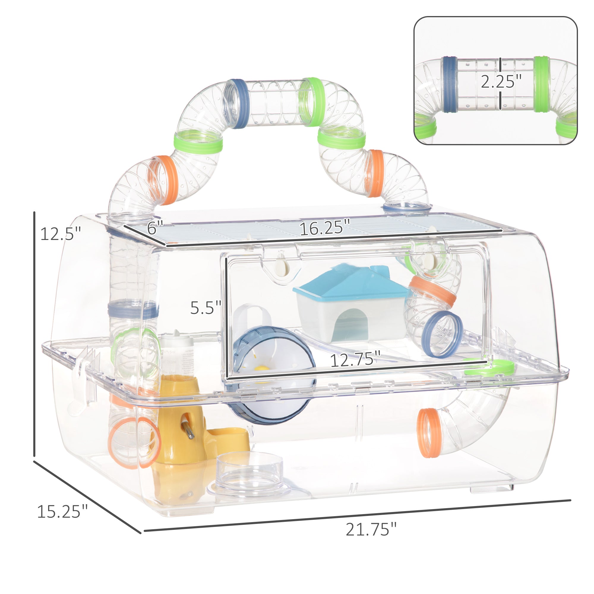 PawHut Hamster Cage, 2-Level Rat House Mouse Habitat with Accessories Tube Tunnels, Exercise Wheel, Water Bottle, Food Dish, Hut, 22" x 15" x 12.5", Transparent