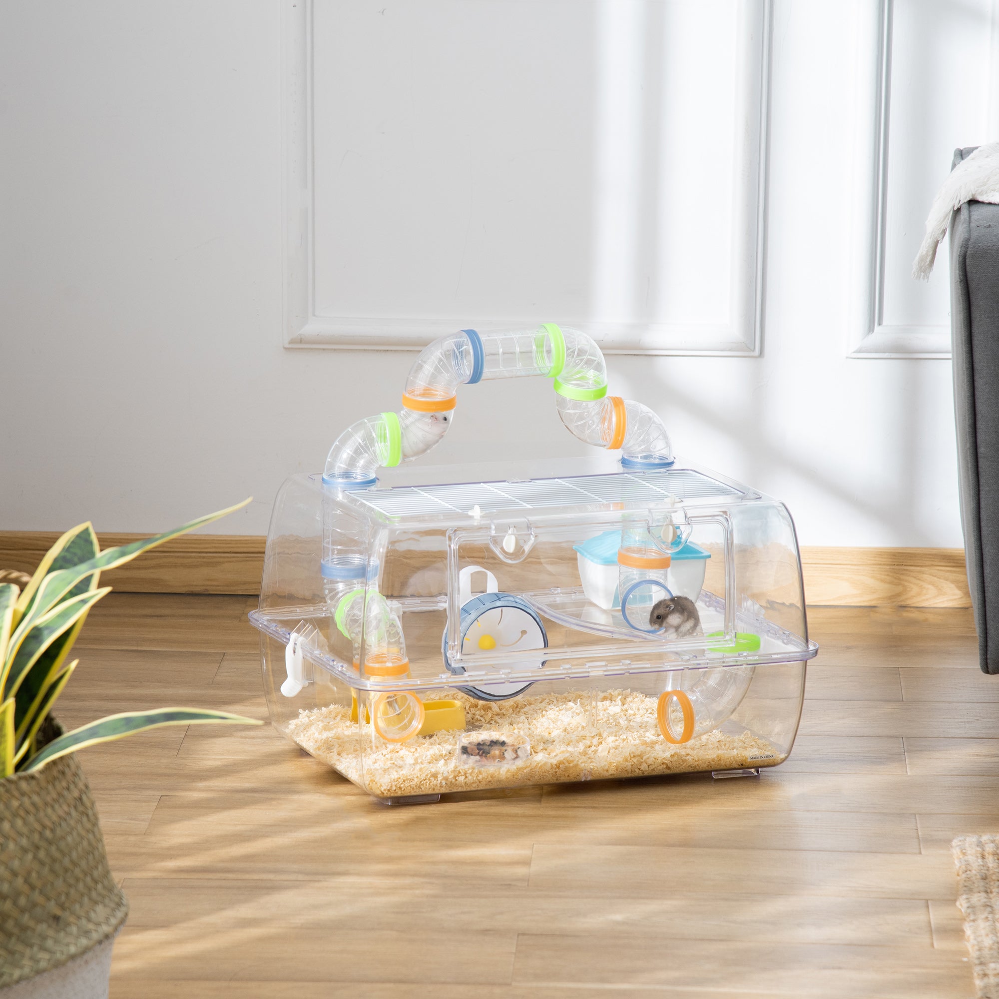 PawHut Hamster Cage, 2-Level Rat House Mouse Habitat with Accessories Tube Tunnels, Exercise Wheel, Water Bottle, Food Dish, Hut, 22" x 15" x 12.5", Transparent