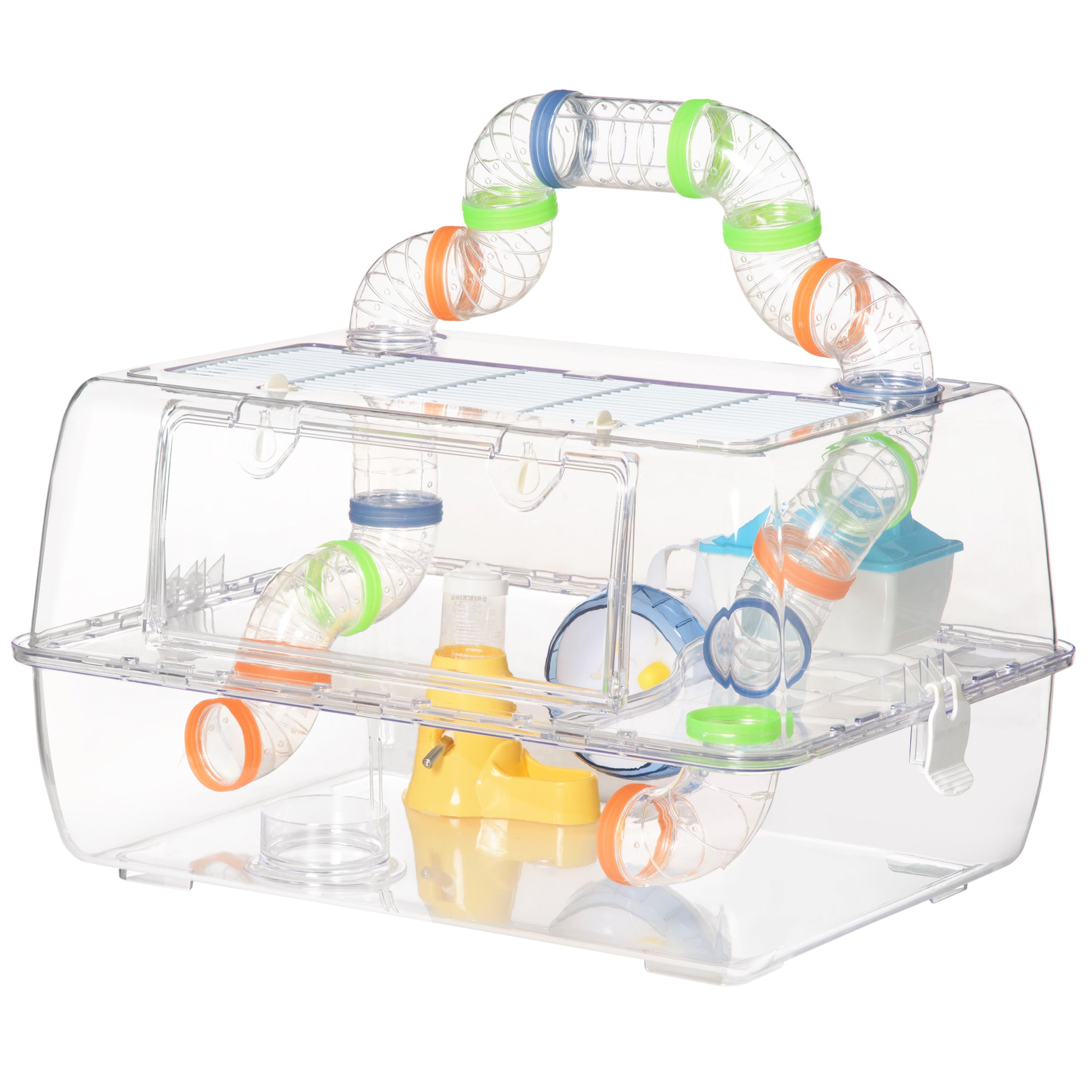 PawHut Hamster Cage, 2-Level Rat House Mouse Habitat with Accessories Tube Tunnels, Exercise Wheel, Water Bottle, Food Dish, Hut, 22" x 15" x 12.5", Transparent